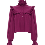 Chloe Ruffled High-neck Top in Silk Jacquard - Vermillion