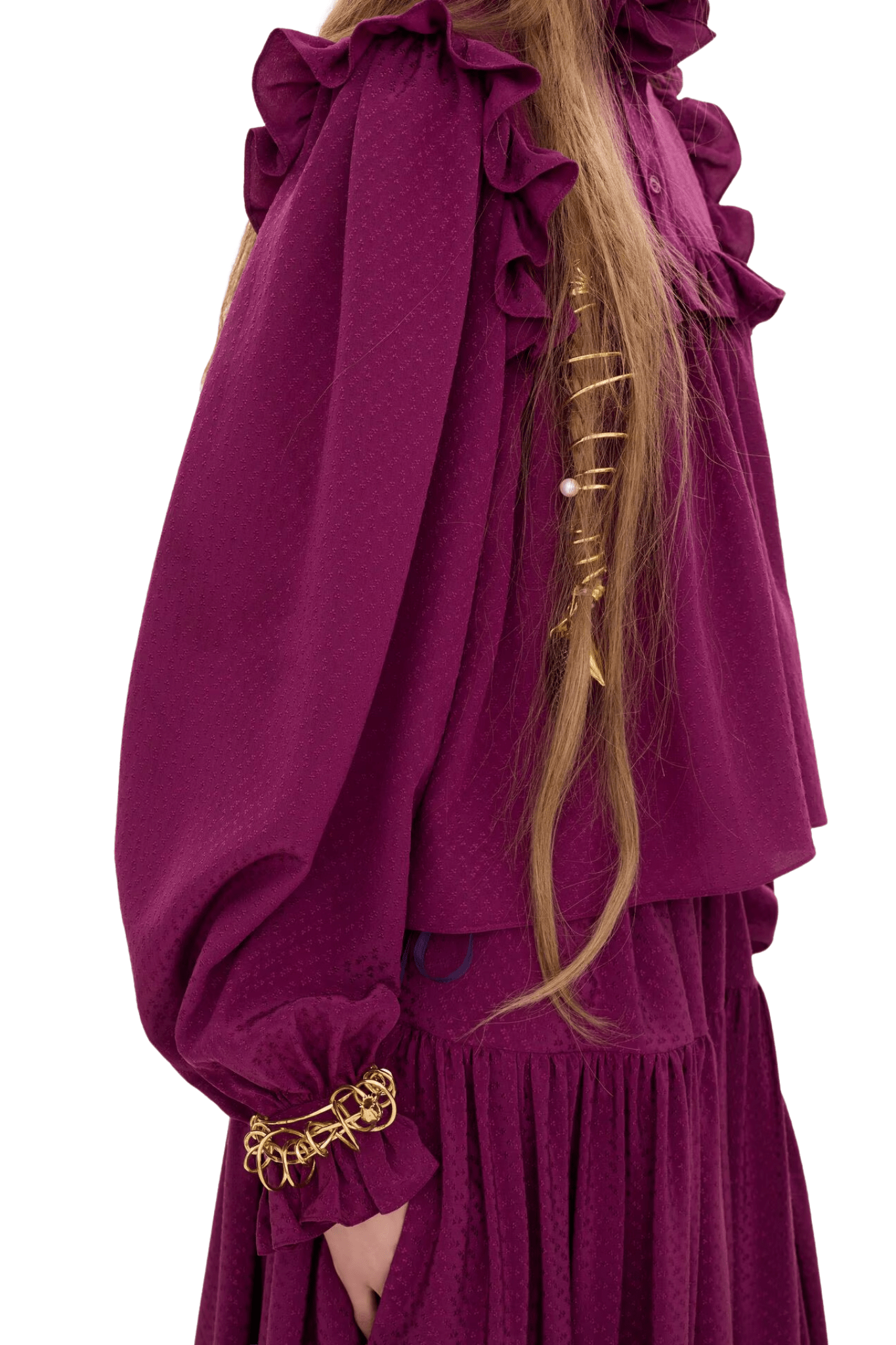 Chloe Ruffled High-neck Top in Silk Jacquard - Vermillion