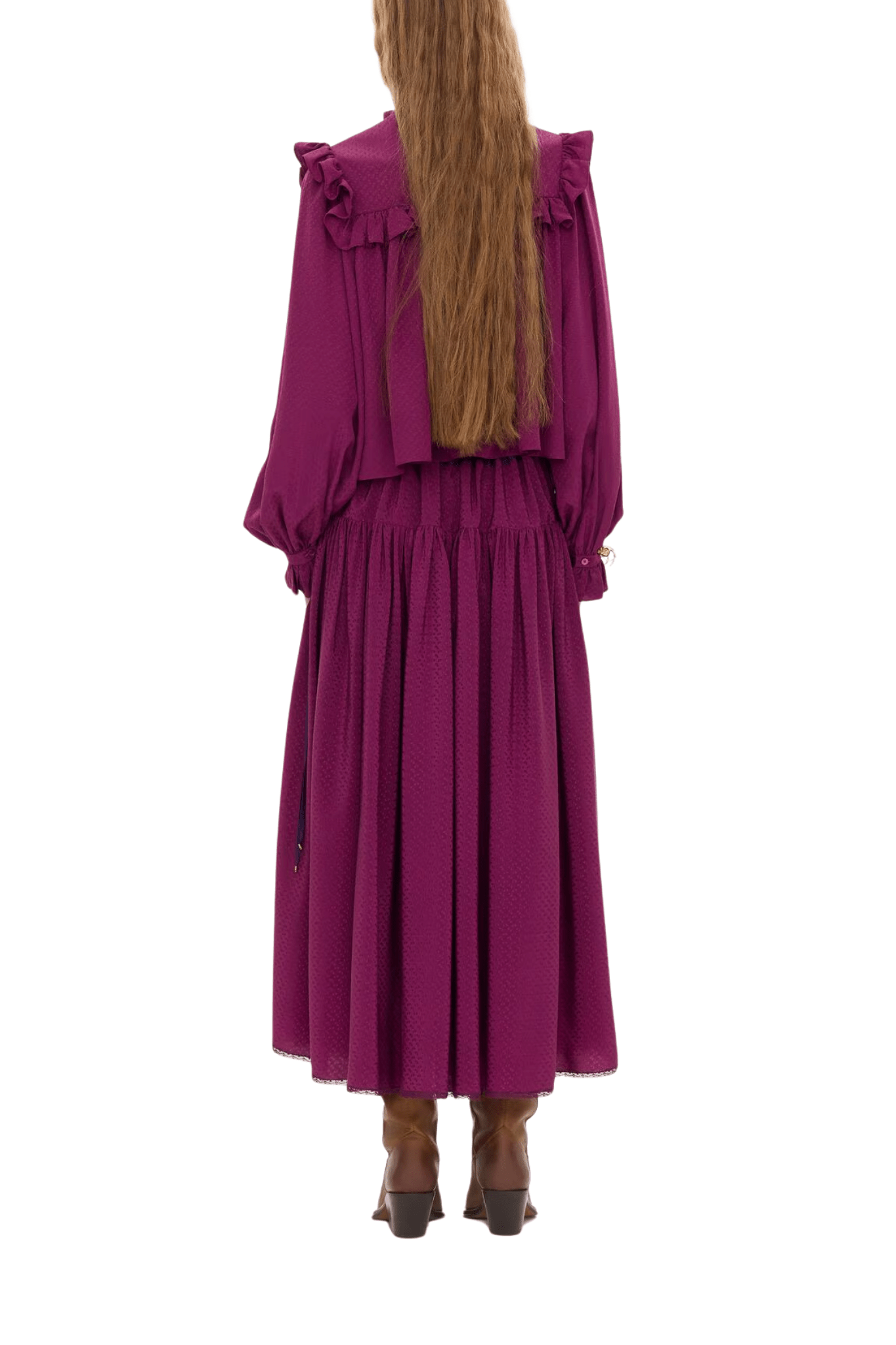 Chloe Ruffled High-neck Top in Silk Jacquard - Vermillion