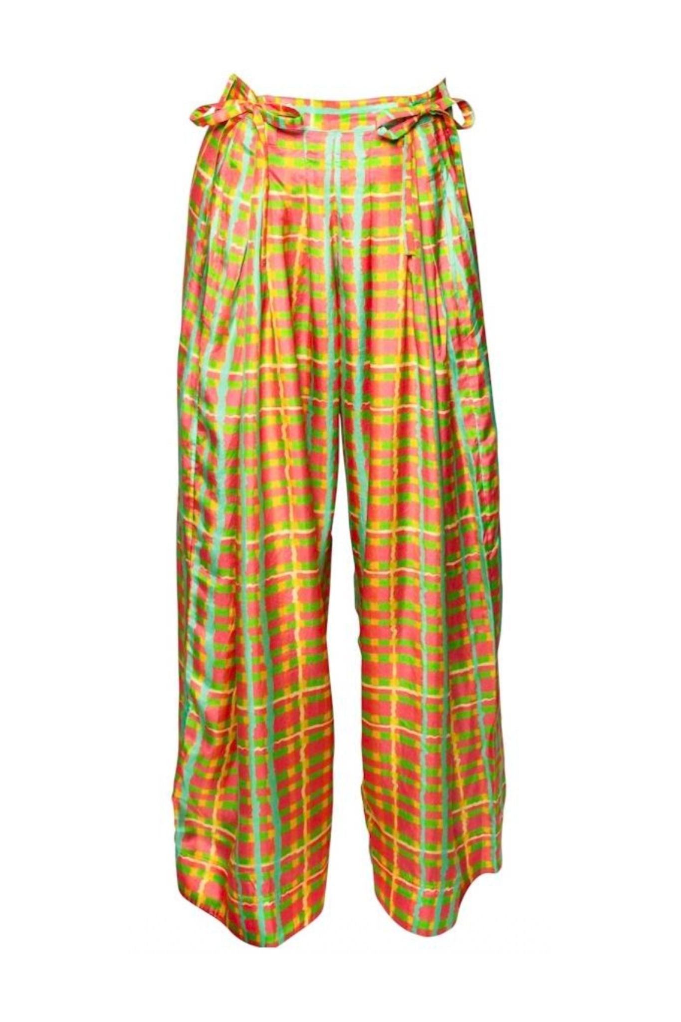 Coniglio Banyan Pleated Snap Pant Brushstroke Plaid Spring Multi - Vermillion