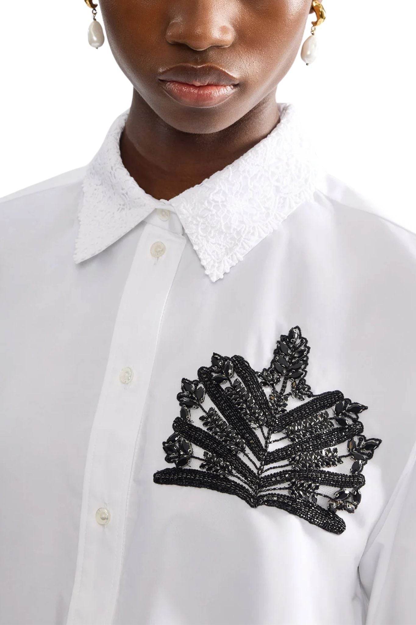 Erdem Embellished Cotton Poplin Long Sleeve Shirt - Vermillion