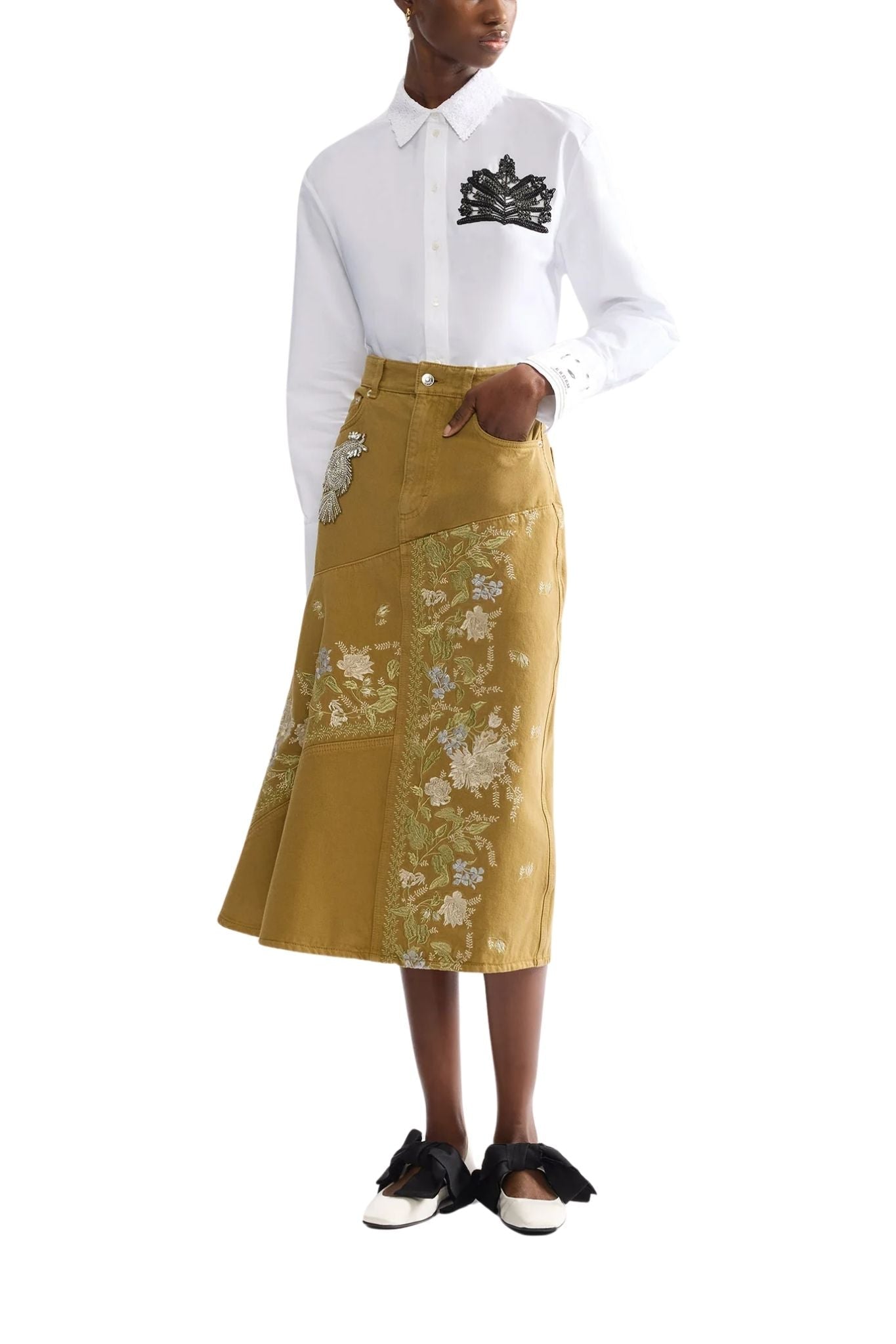 Erdem Embellished Cotton Poplin Long Sleeve Shirt - Vermillion