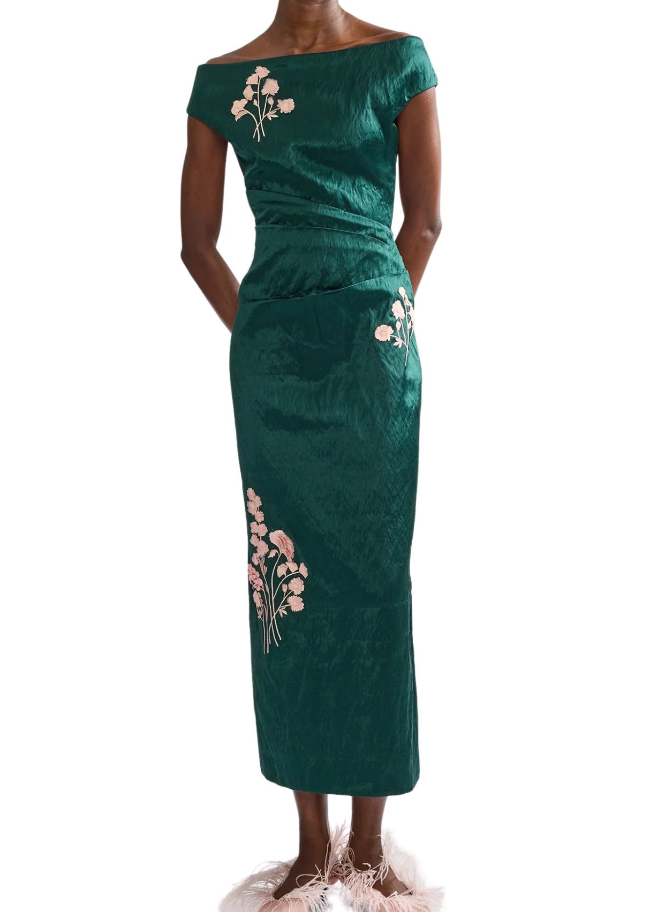 Erdem Embroidered Textured Satin Midi Pencil Dress - Vermillion