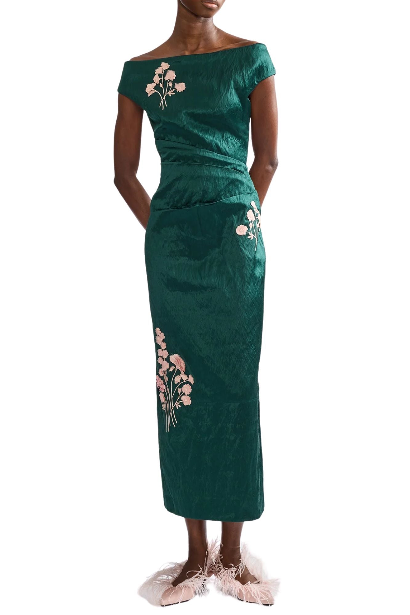 Erdem Embroidered Textured Satin Midi Pencil Dress - Vermillion