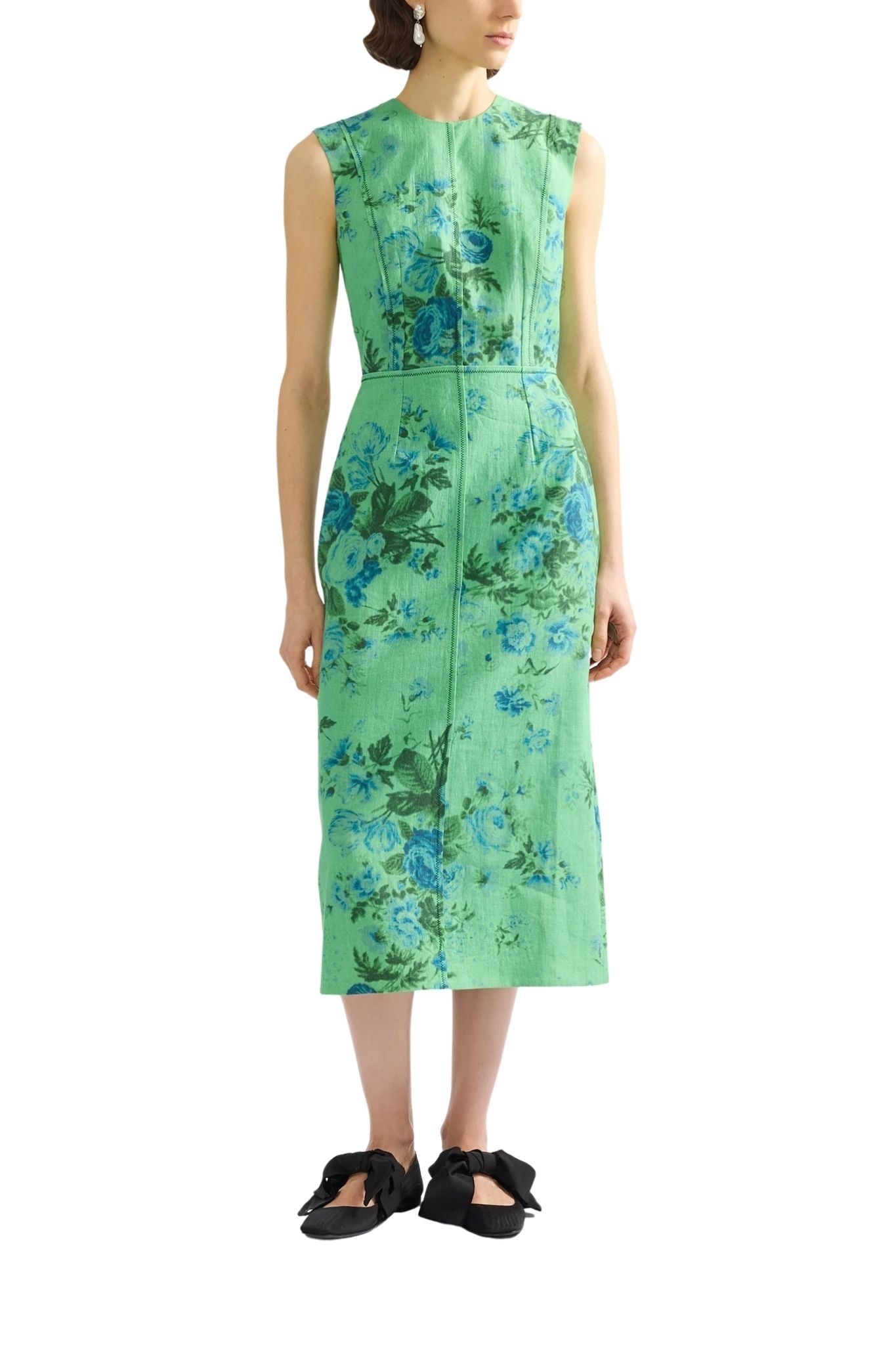 Erdem Floral Print Linen Pencil Midi Dress - Vermillion