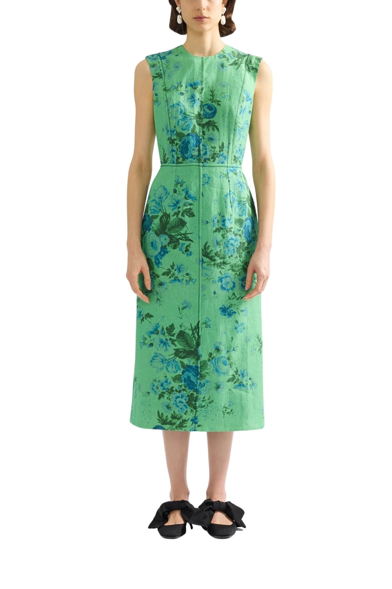 Erdem Floral Print Linen Pencil Midi Dress - Vermillion