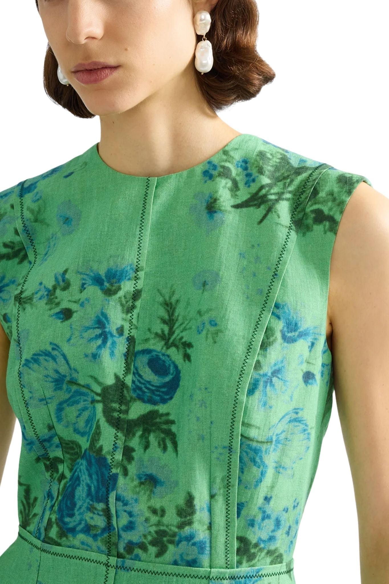 Erdem Floral Print Linen Pencil Midi Dress - Vermillion