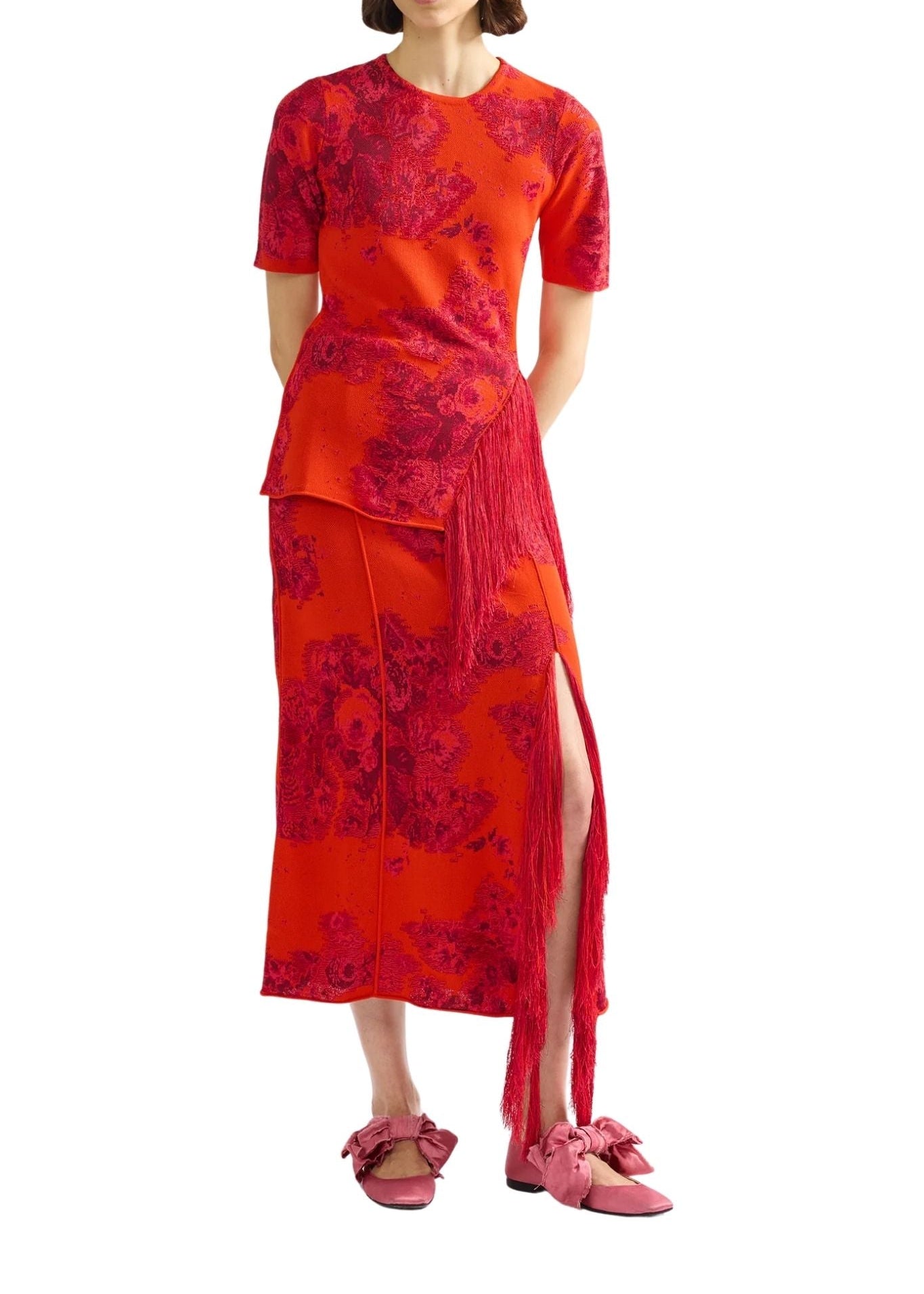 Erdem French Fray Midi Pencil Knit Skirt - Vermillion
