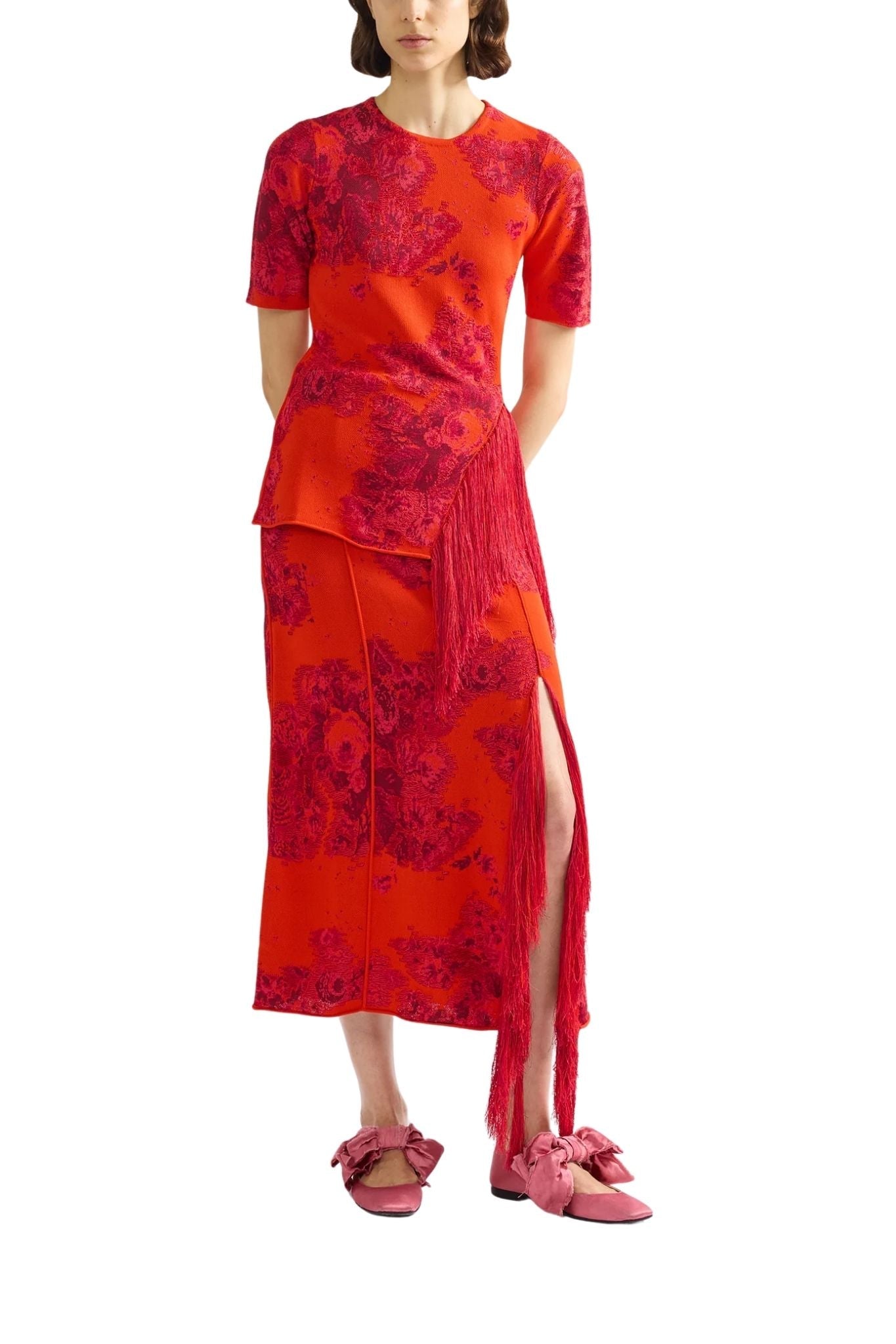 Erdem French Fray Midi Pencil Knit Skirt - Vermillion