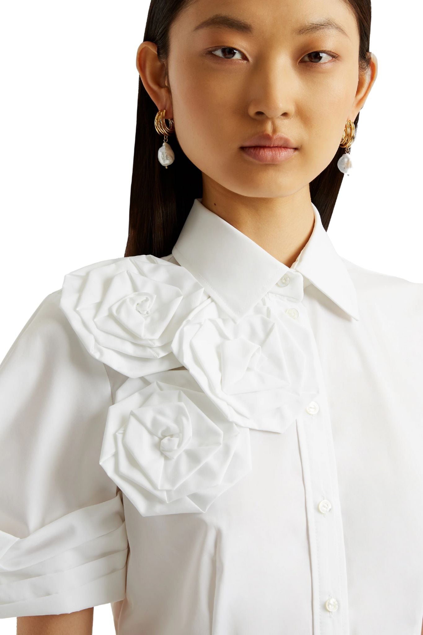 Erdem Short Sleeve Midi Shirt Dress w/ Rosette - Vermillion