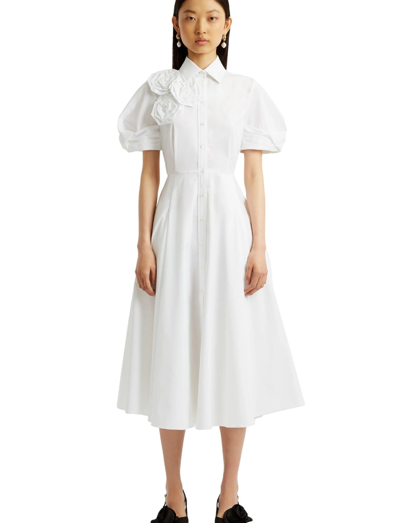 Erdem Short Sleeve Midi Shirt Dress w/ Rosette - Vermillion