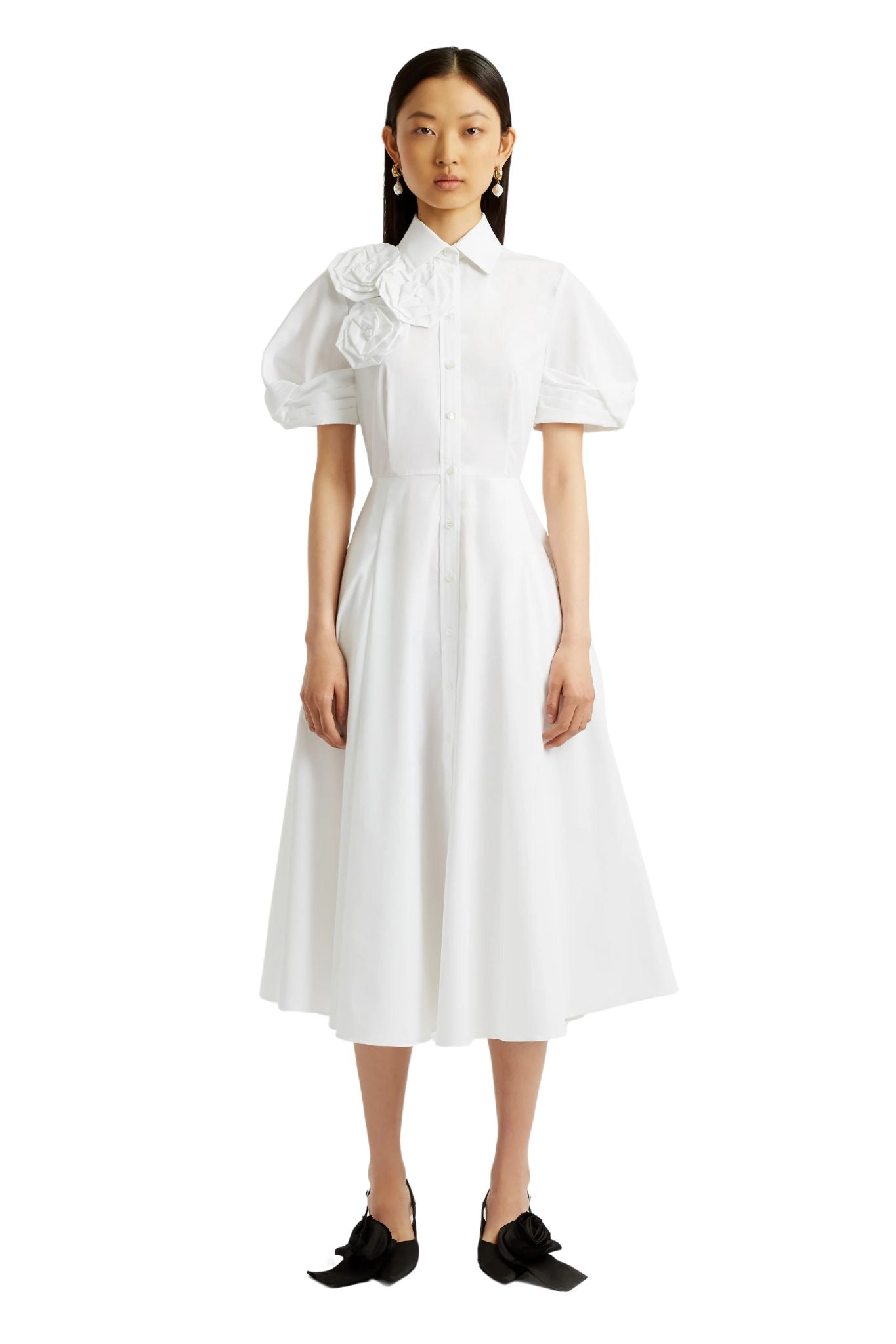 Erdem Short Sleeve Midi Shirt Dress w/ Rosette - Vermillion