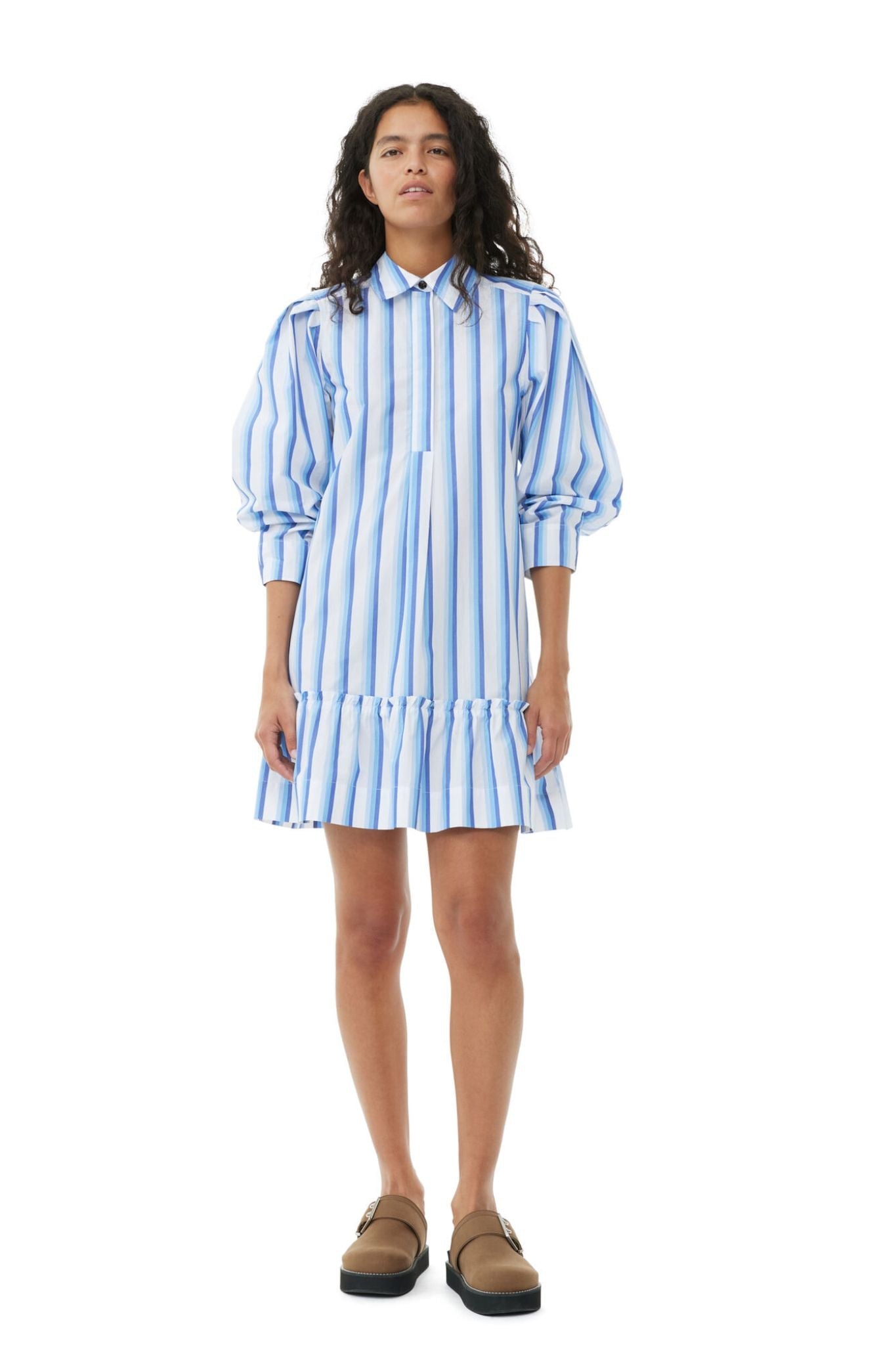 Ganni Stripe Cotton Mini Shirt Dress - Vermillion