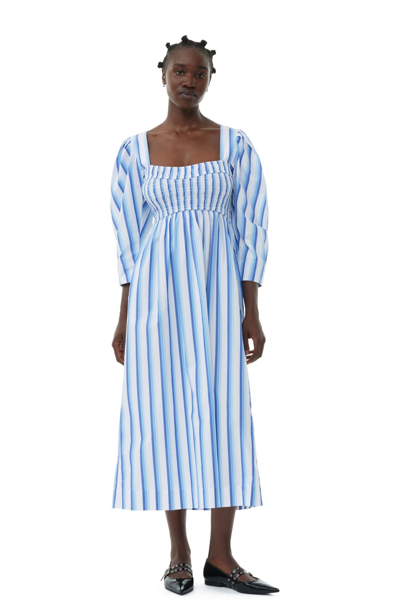 Ganni Stripe Cotton Open - neck Smock Long Dress - Vermillion