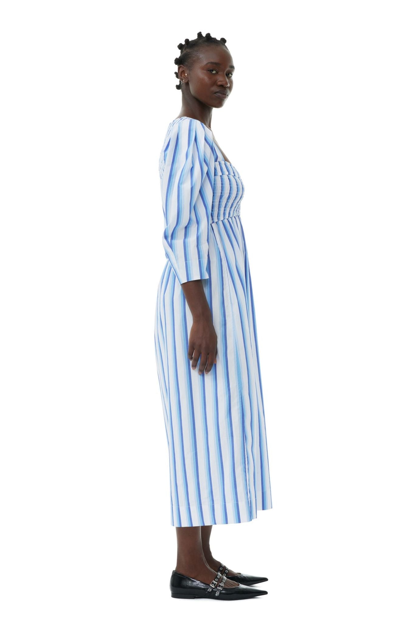 Ganni Stripe Cotton Open - neck Smock Long Dress - Vermillion