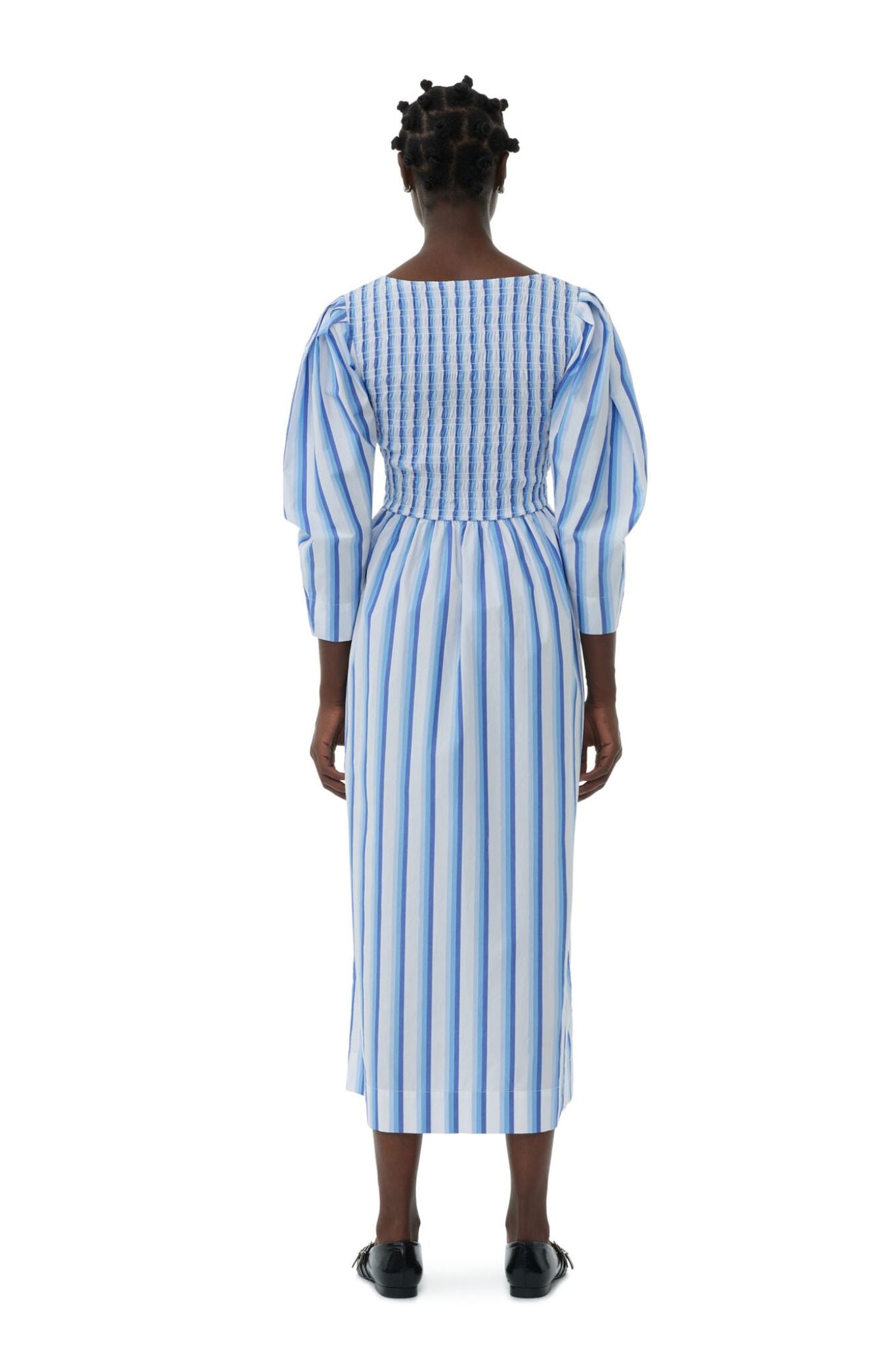 Ganni Stripe Cotton Open - neck Smock Long Dress - Vermillion