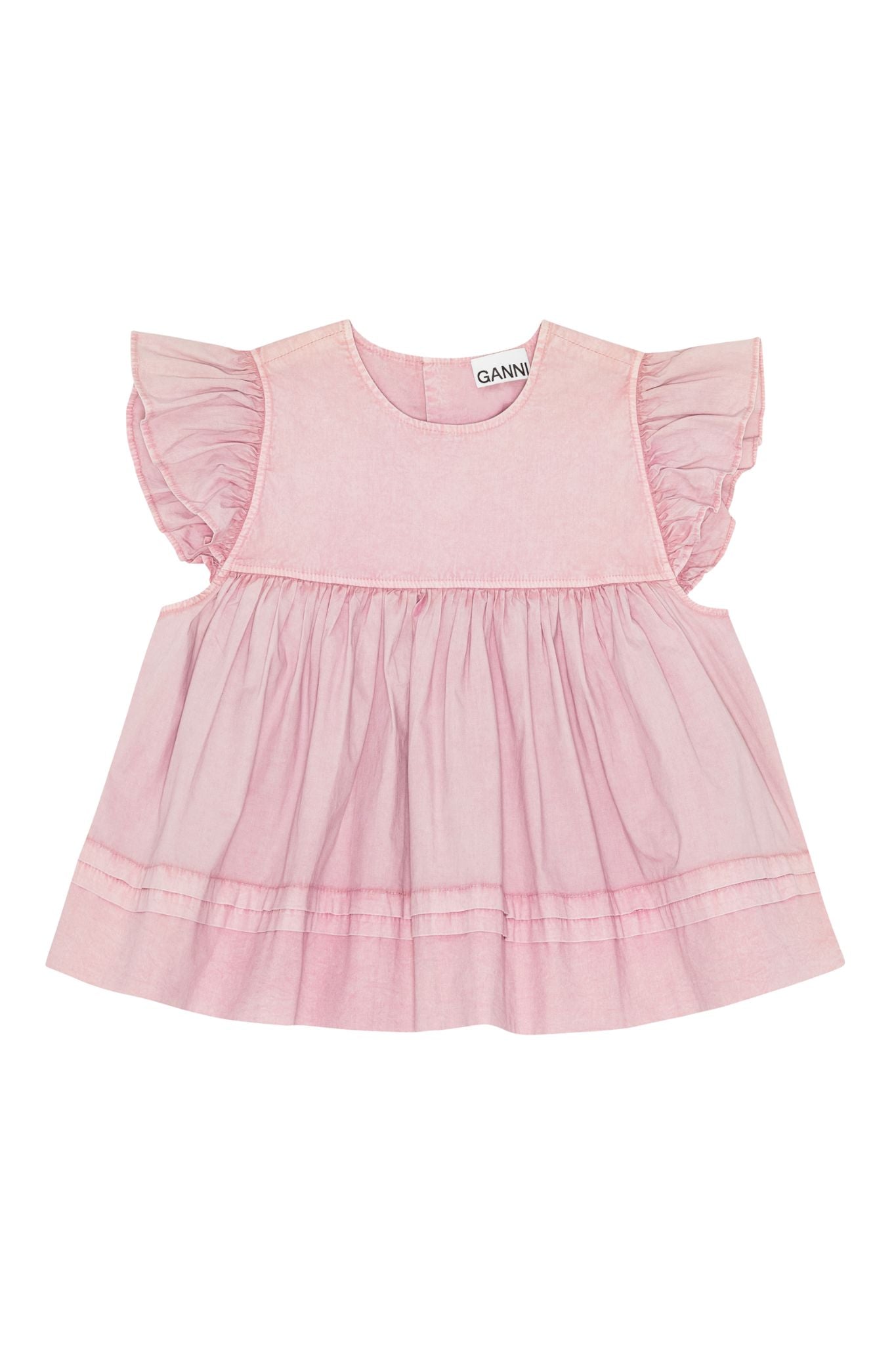 Ganni Washed Stretch Cotton Frill Sleeve Top - Vermillion