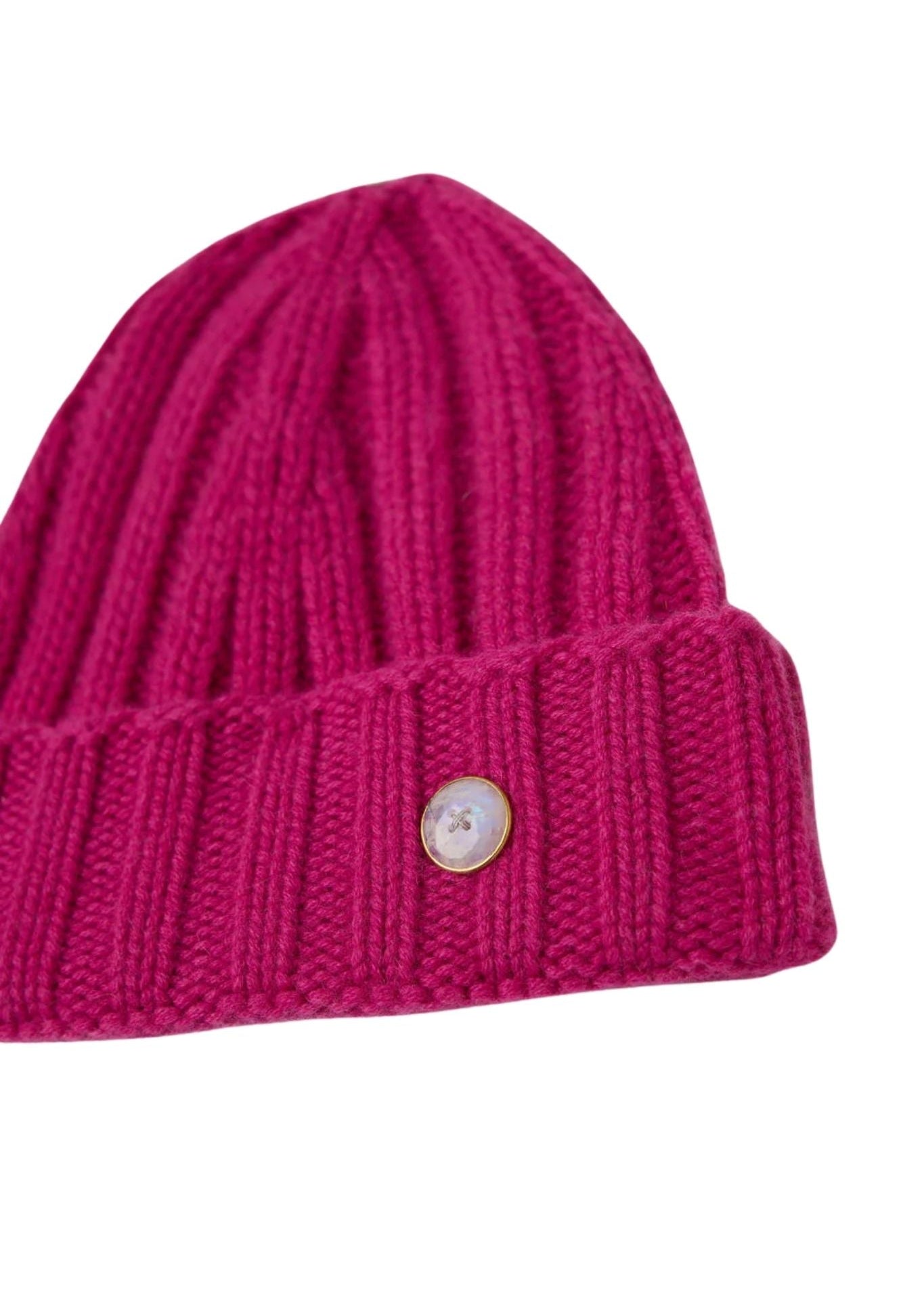 God's True Cashmere Fuchsia Ribbed Beanie w/ Moonstone - Vermillion