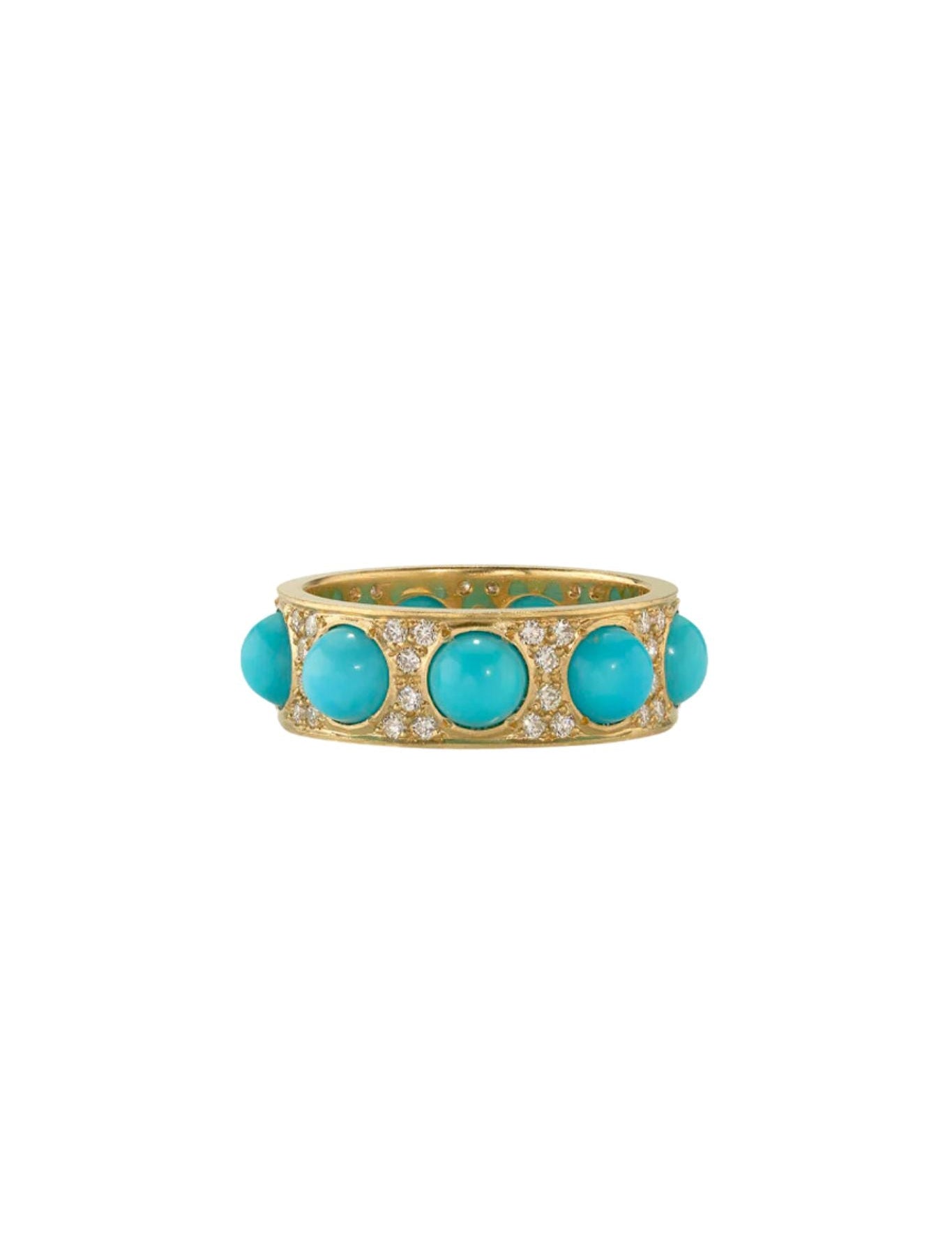 Irene Neuwirth 18k Yellow Gold Ring set with 5mm Kingman Turquoise and Diamonds (0.54 cts) - Vermillion