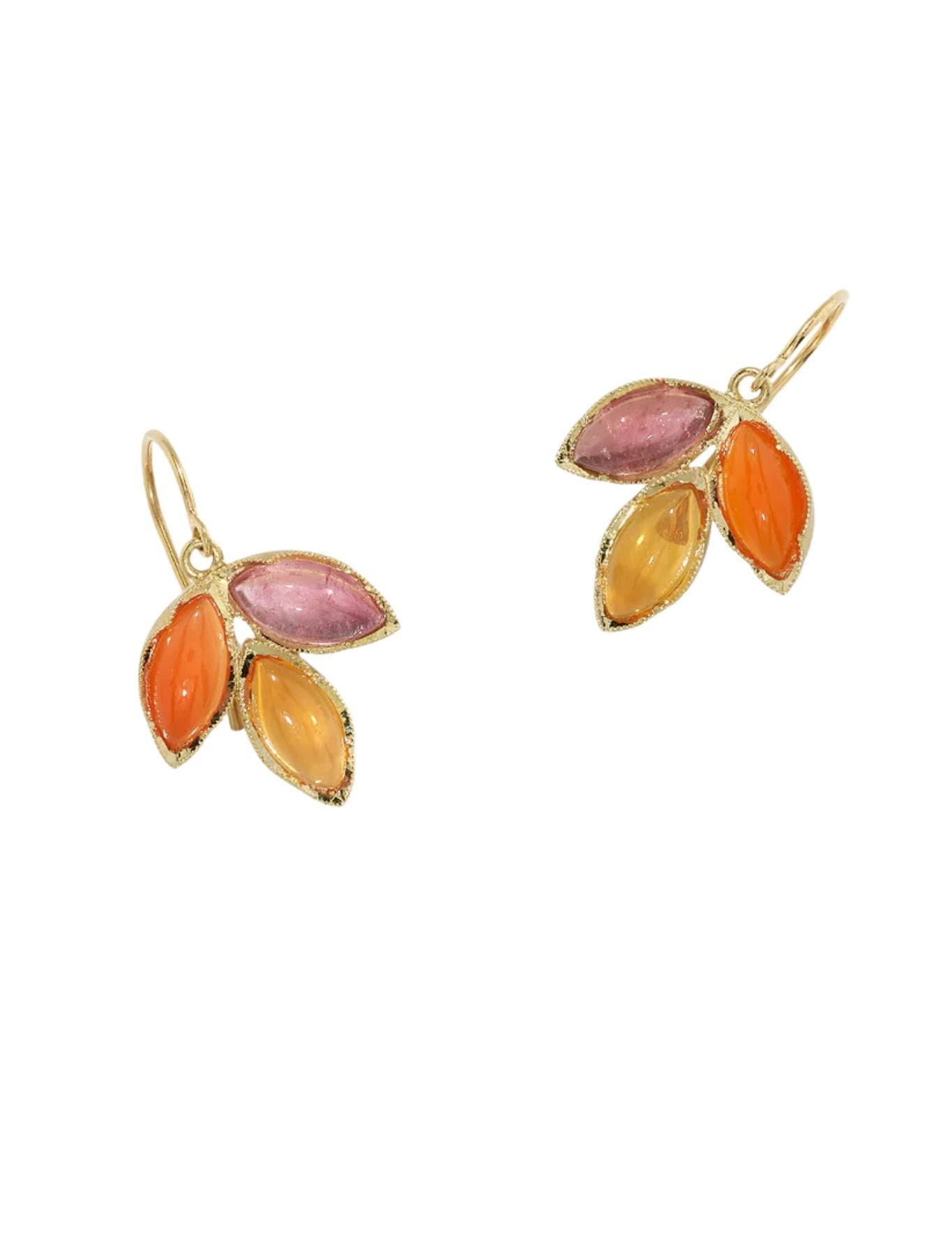 Irene Neuwirth 18k Yellow Gold Three Marquise Earrings set with 10x5 Carnelian, Pink Tourmaline and Fire Opal - Vermillion