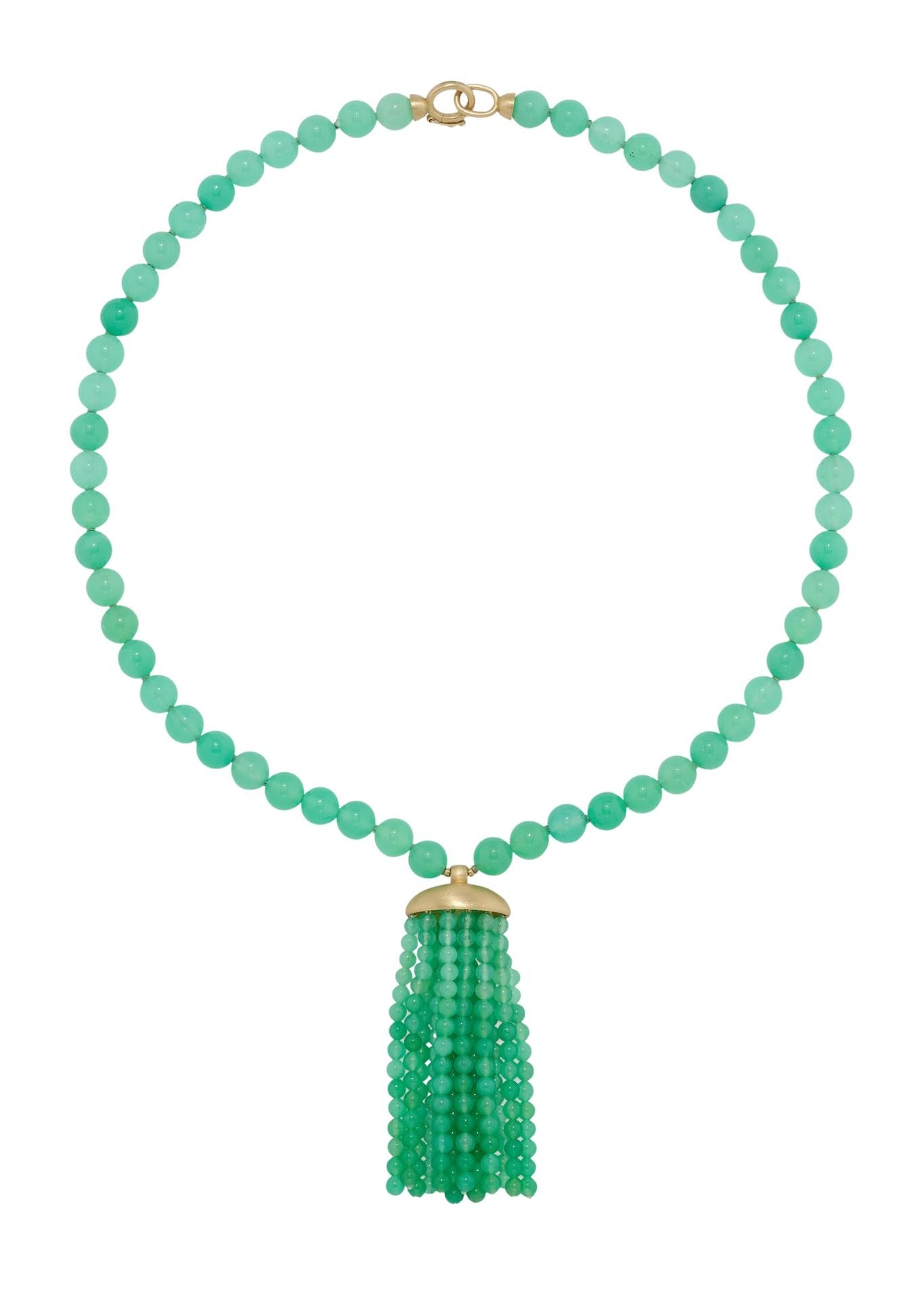 Irene Neuwirth Beaded 18k Yellow Gold 17" Beaded 7mm Chrysoprase Necklace with 2" 3.5mm Chrysoprase Tassel Pendant - Vermillion