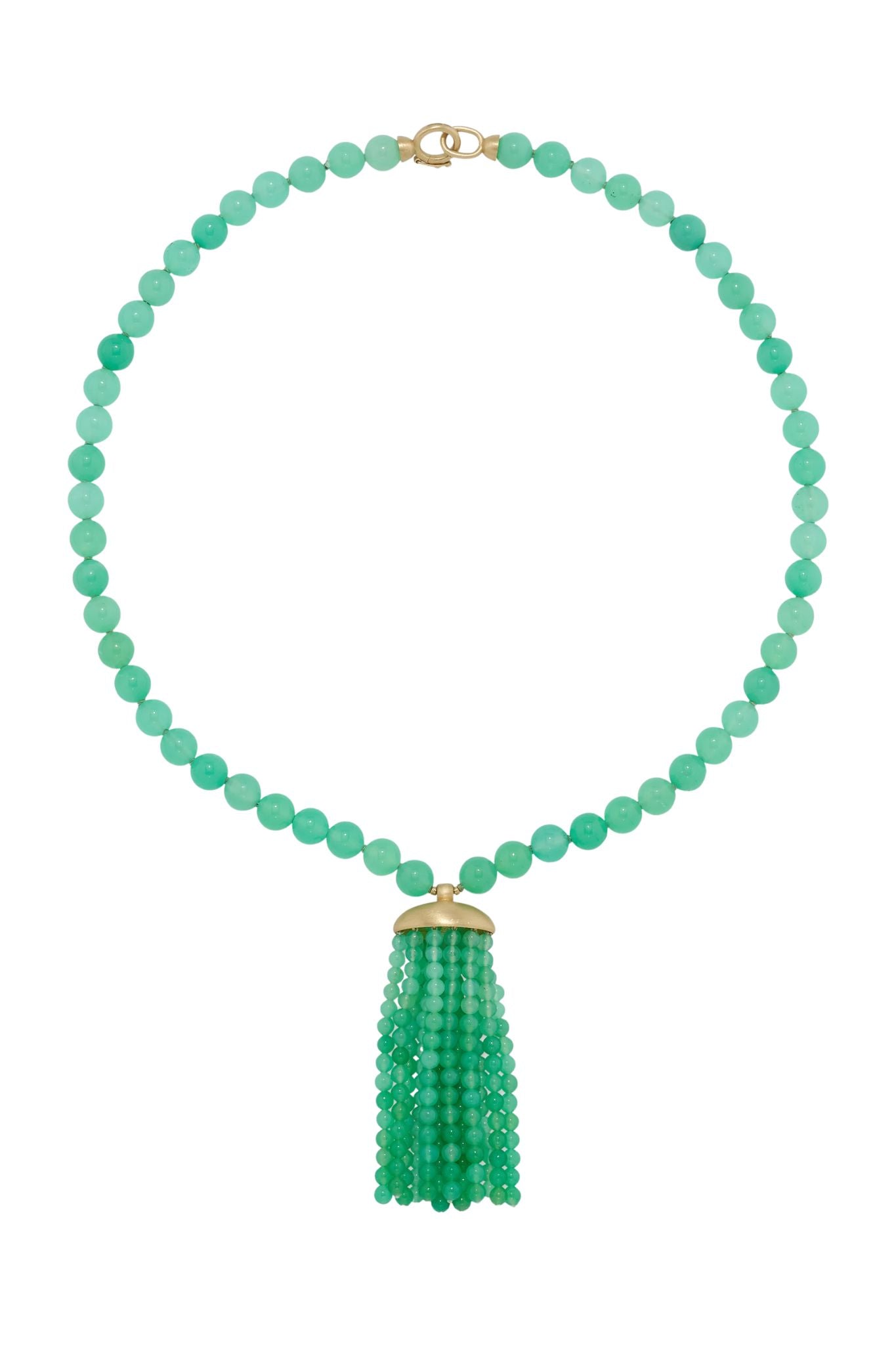 Irene Neuwirth Beaded 18k Yellow Gold 17" Beaded 7mm Chrysoprase Necklace with 2" 3.5mm Chrysoprase Tassel Pendant - Vermillion