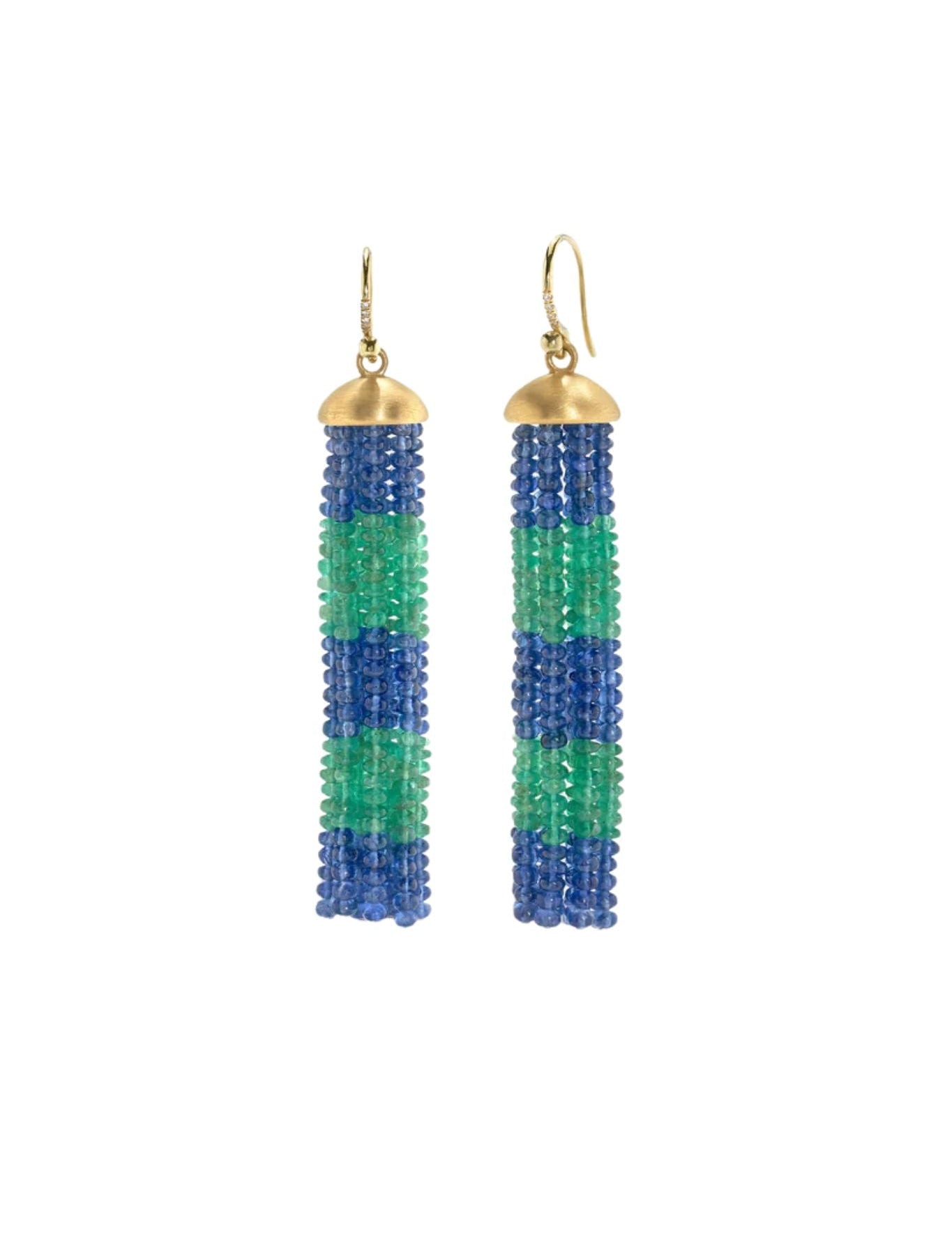 Irene Neuwirth Beaded 18k Yellow Gold Medium Tassel Earrings with 2.8 - 3mm Emerald and Sapphire Beads (84.35 cts) on Diamond Pave Earwire (0.03 cts) - Vermillion