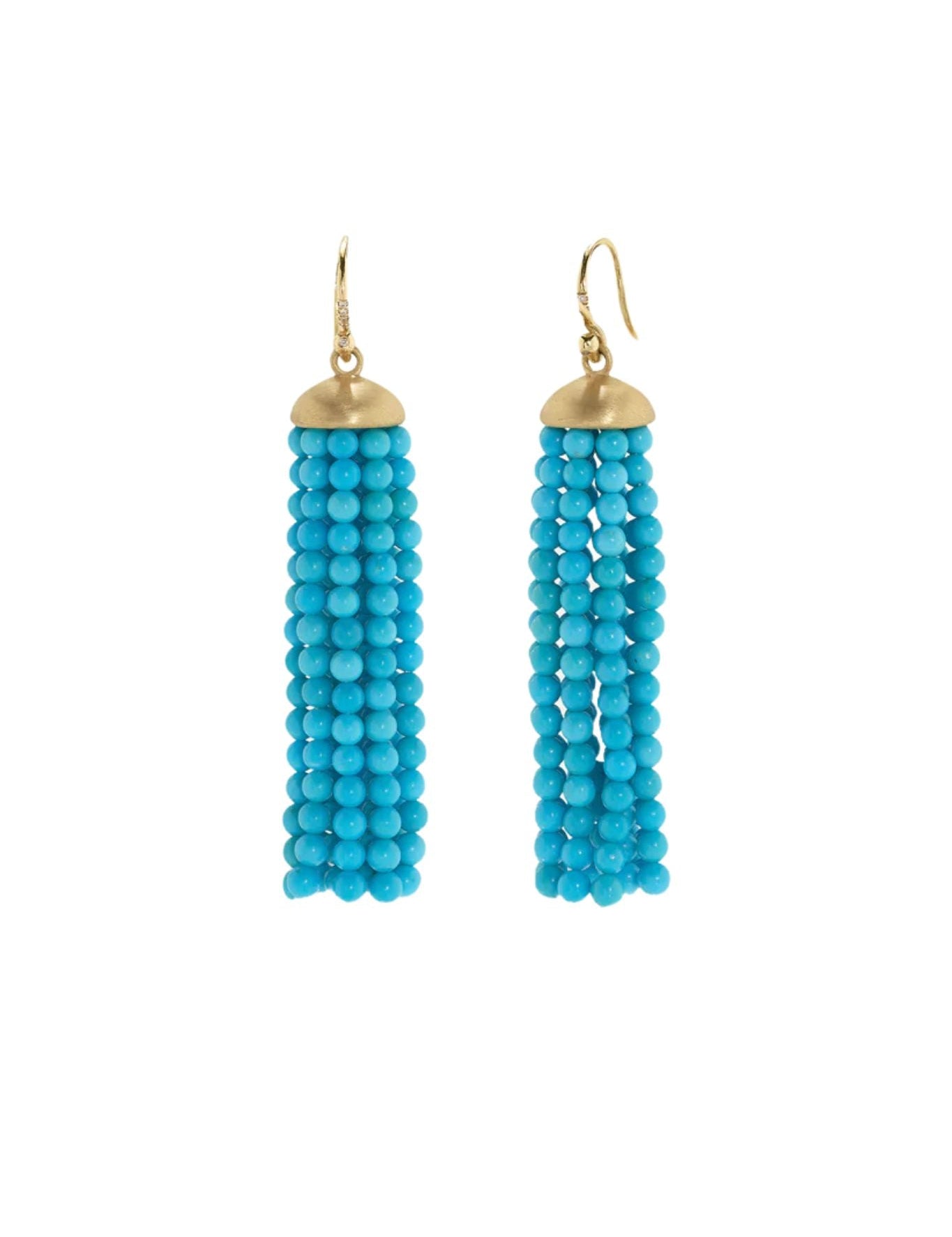 Irene Neuwirth Beaded 18k Yellow Gold Medium Tassel Earrings with 3.5mm Turquoise Strands on Diamond Pave Earwire (0.03 cts) - Vermillion