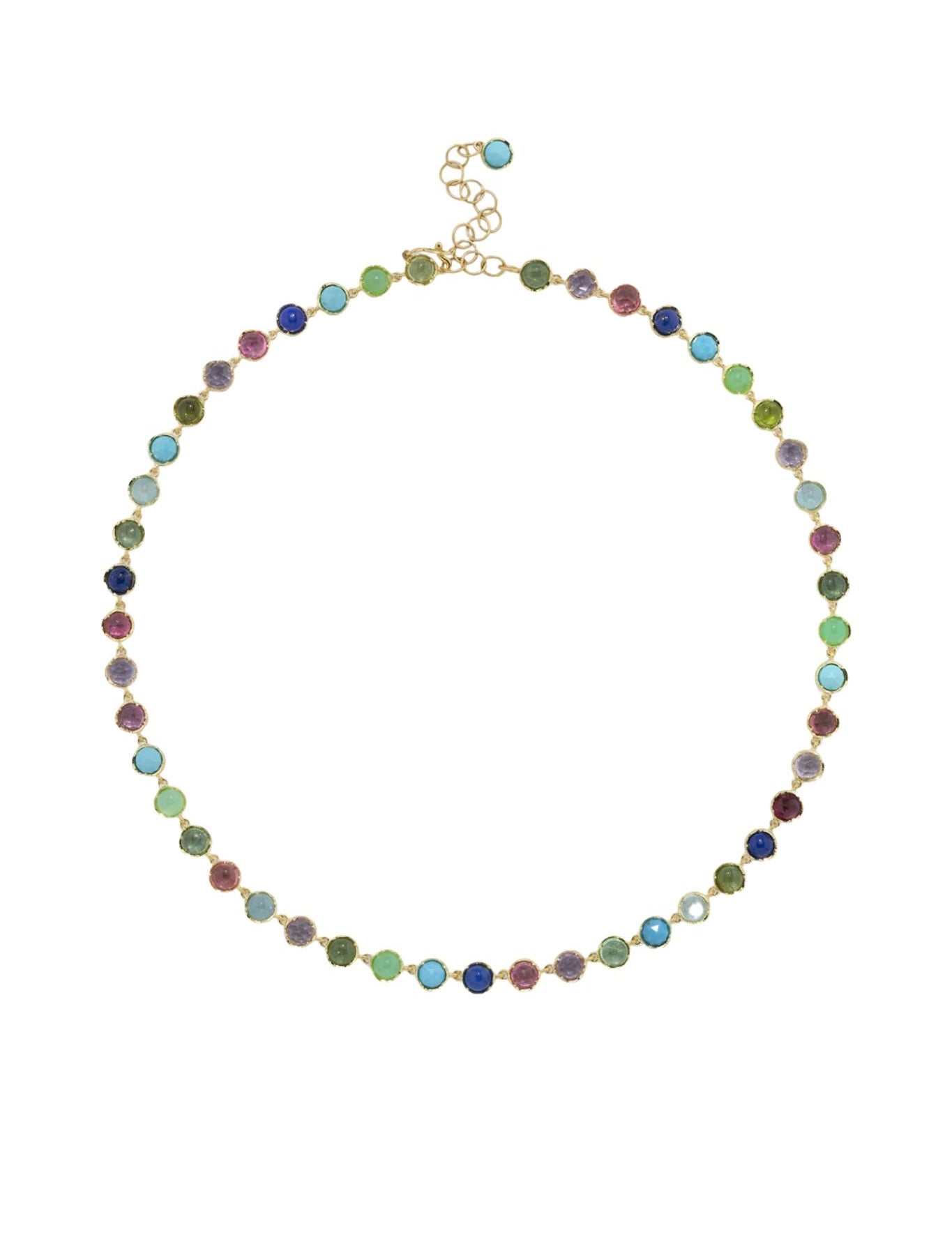 Irene Neuwirth Classic 18k Yellow Gold 16" Necklace set with 5mm Cabochon Green Tourmaline, Lapis, Chrysoprase, Pink Tourmaline, Aquamarine, Rose Cut Rose of France, and Turquoise - Vermillion