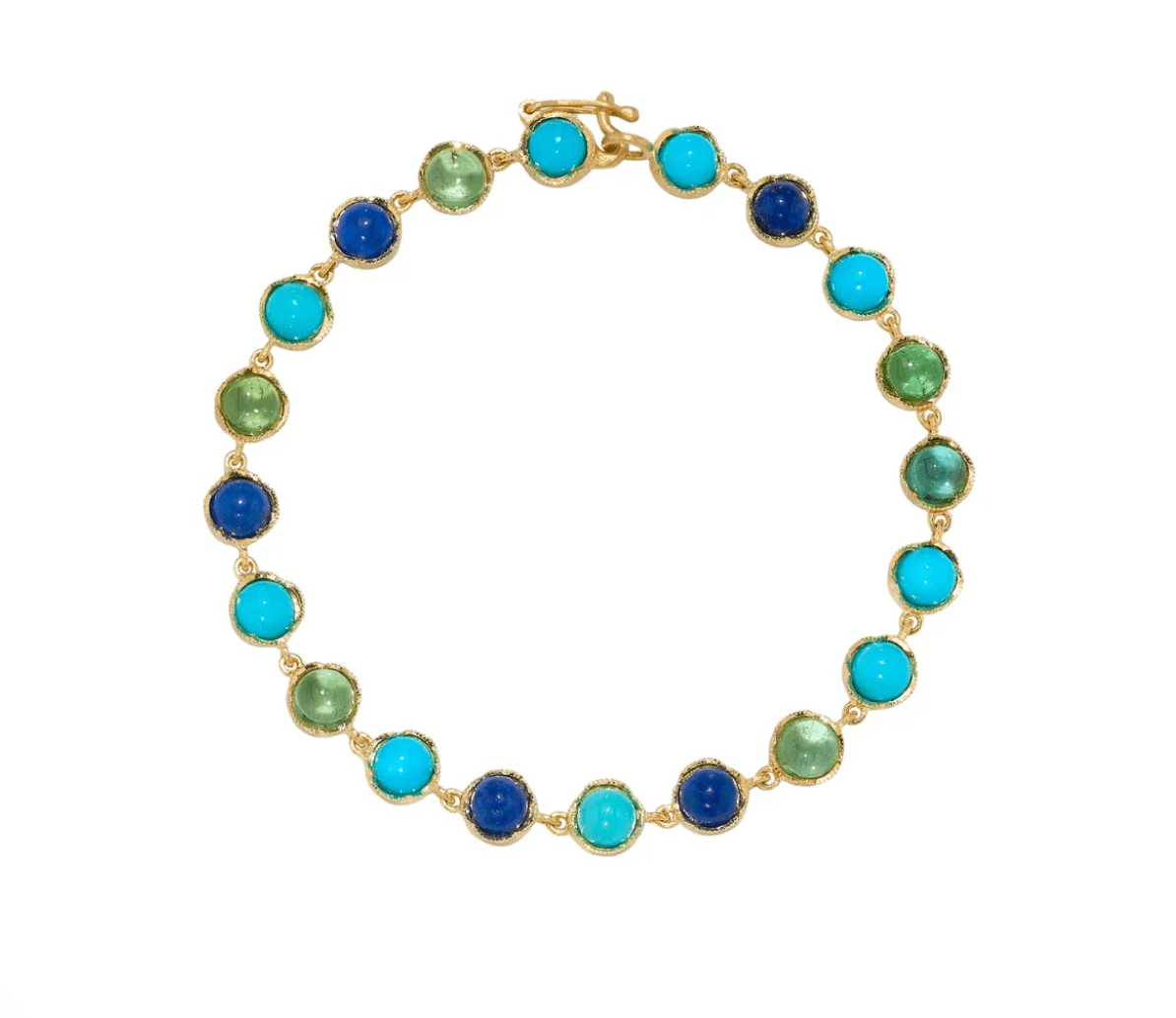 Irene Neuwirth Classic 18k Yellow Gold 7" Bracelet set with 5mm Cabochon Green Tourmaline, Turquoise and Lapis - Vermillion
