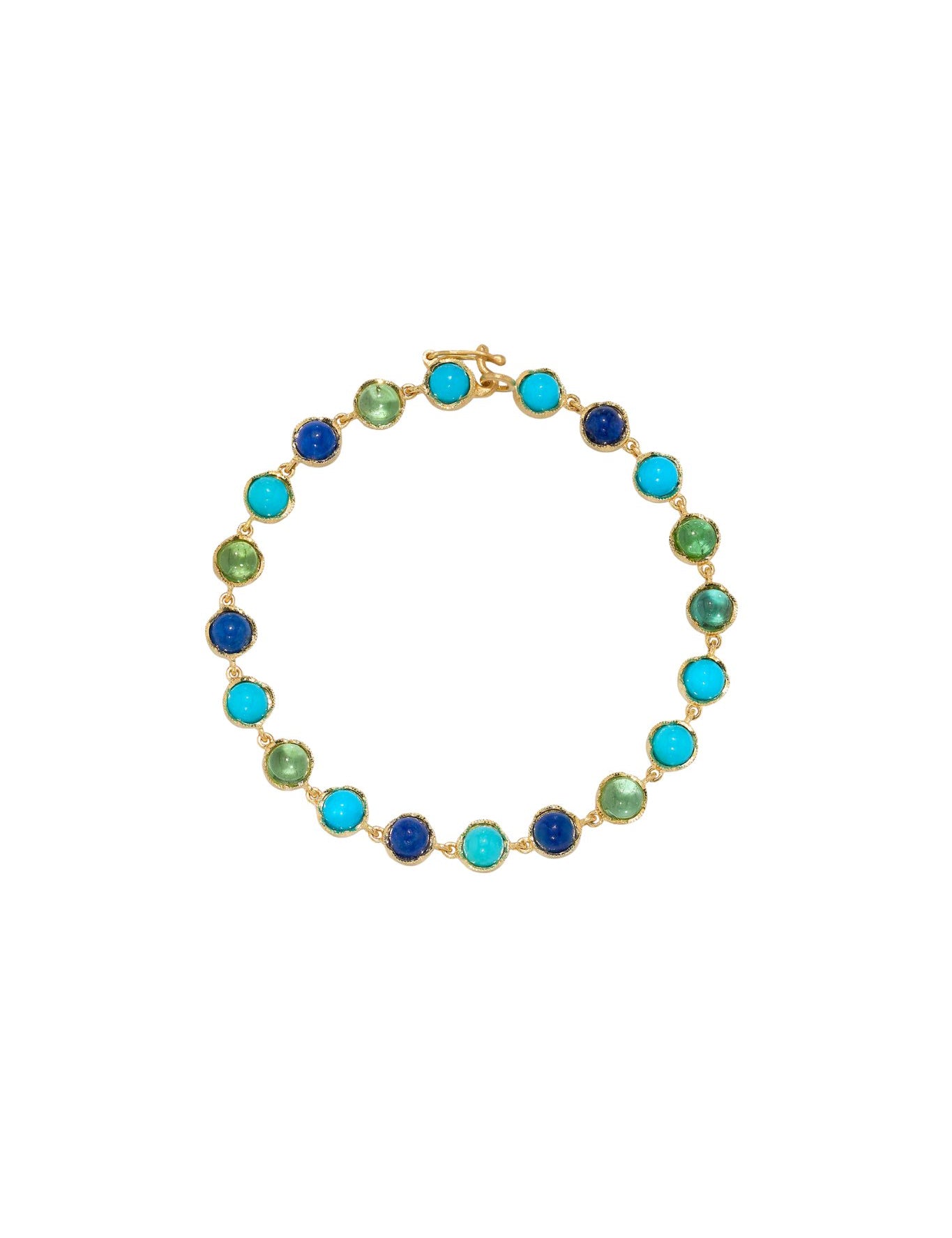 Irene Neuwirth Classic 18k Yellow Gold 7" Bracelet set with 5mm Cabochon Green Tourmaline, Turquoise and Lapis - Vermillion