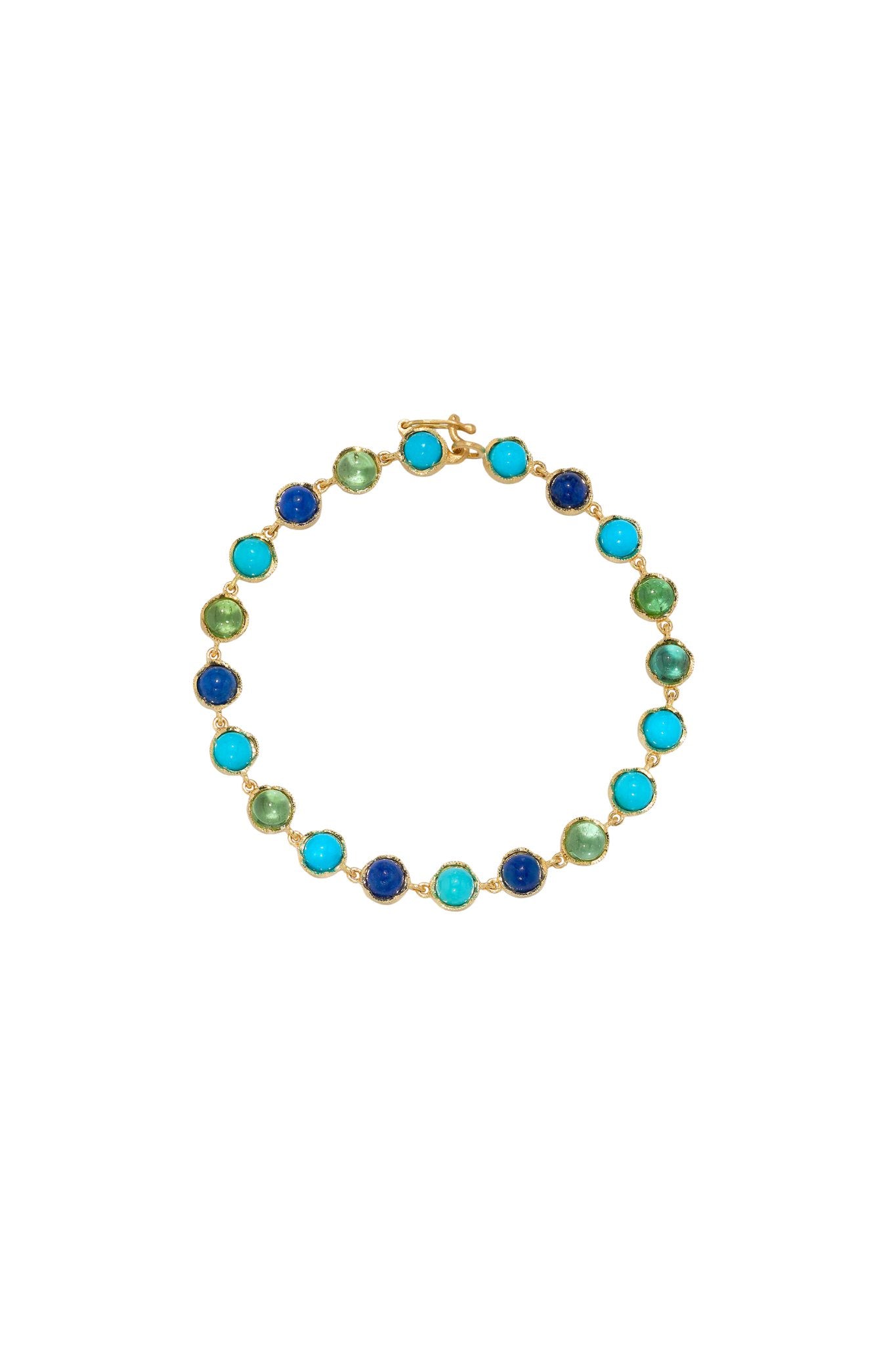 Irene Neuwirth Classic 18k Yellow Gold 7" Bracelet set with 5mm Cabochon Green Tourmaline, Turquoise and Lapis - Vermillion