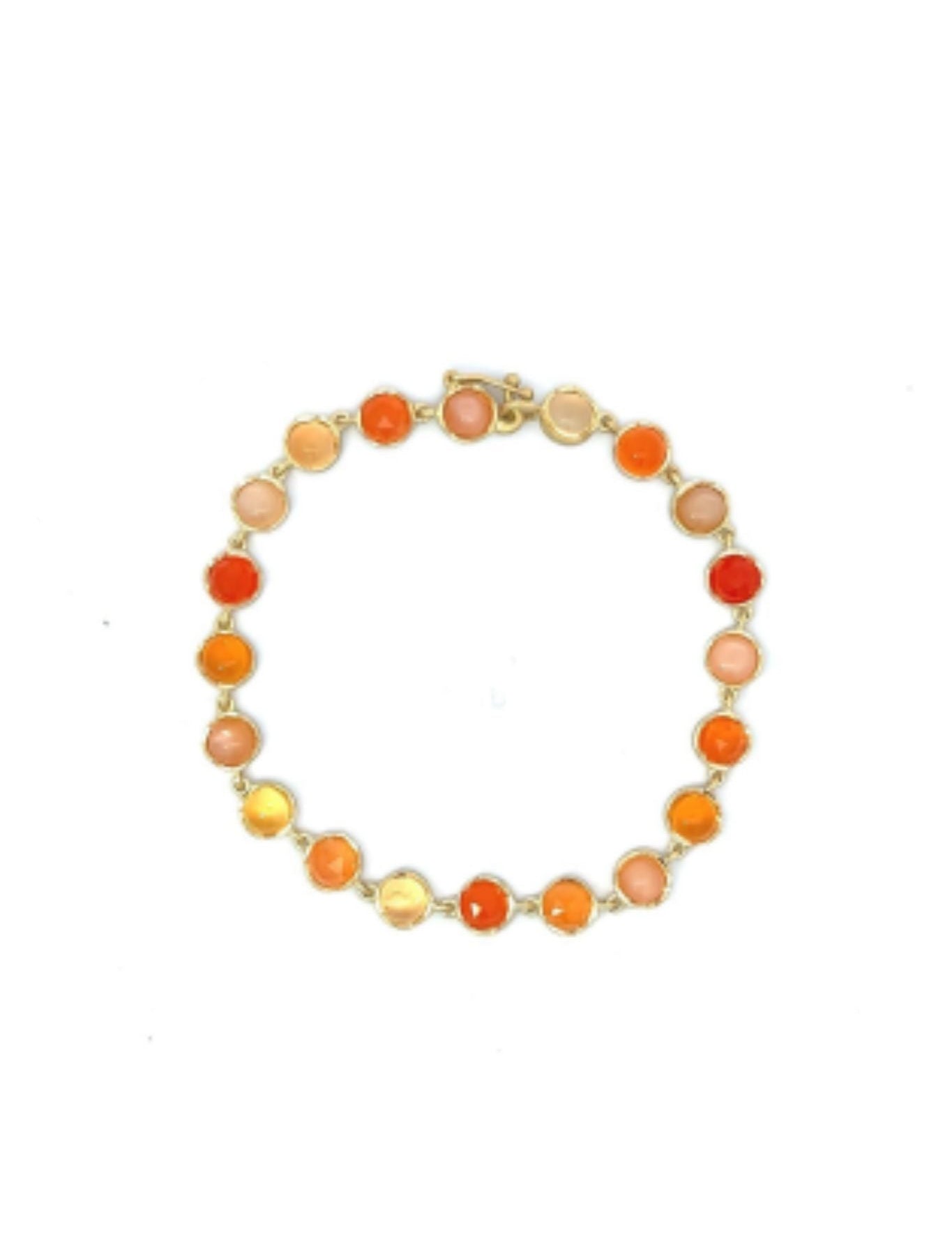 Irene Neuwirth Classic 18k Yellow Gold Bracelet set with 5mm Rose Cut and Cabochon Peach Moonstone, Fire Opal, and Carnelian - Vermillion