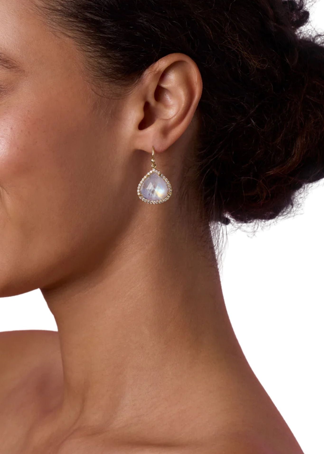 Irene Neuwirth Classic 18k Yellow Gold Earrings w/ Rainbow Moonstone & Diamone Pave - Vermillion