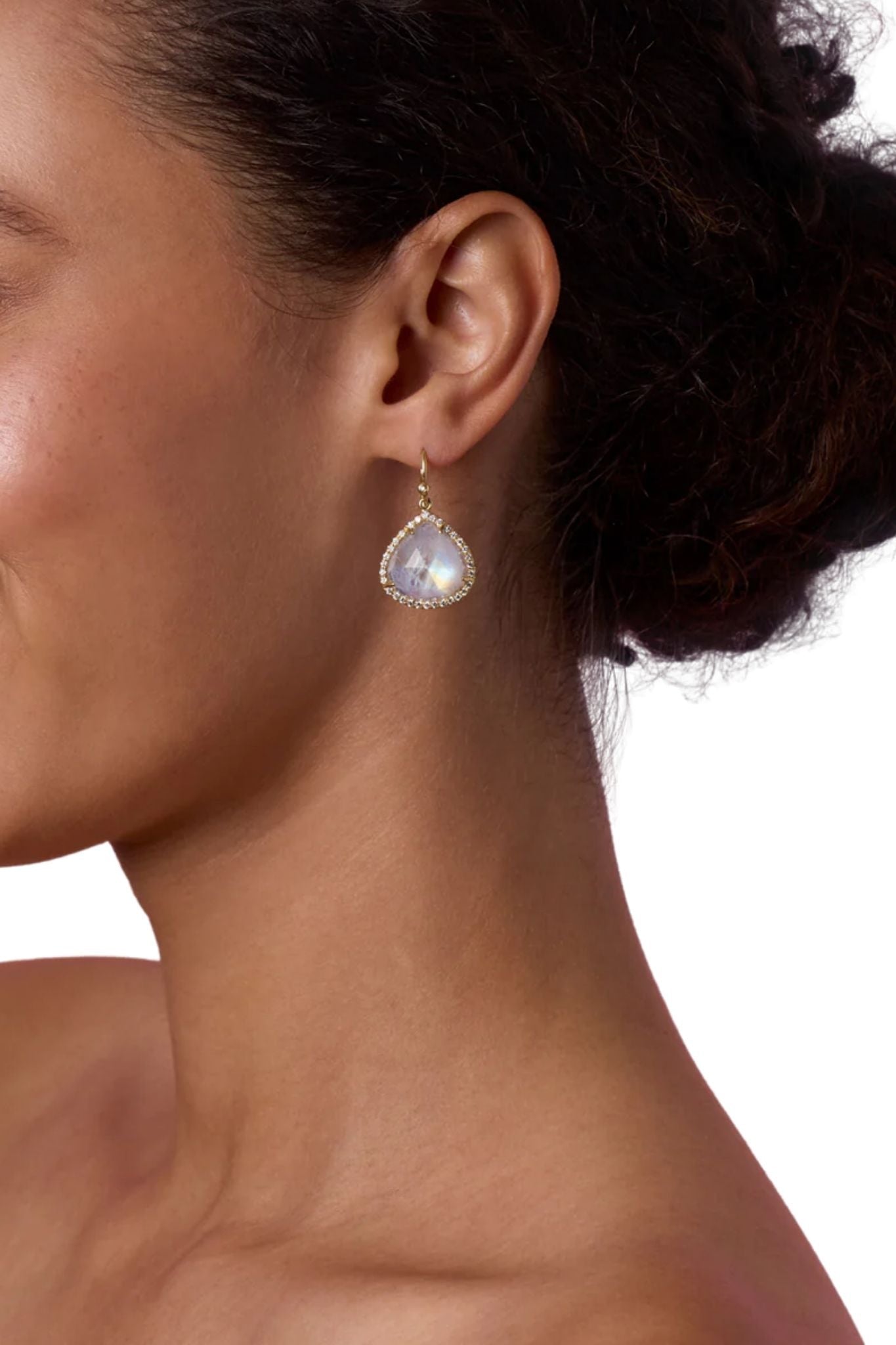 Irene Neuwirth Classic 18k Yellow Gold Earrings w/ Rainbow Moonstone & Diamone Pave - Vermillion