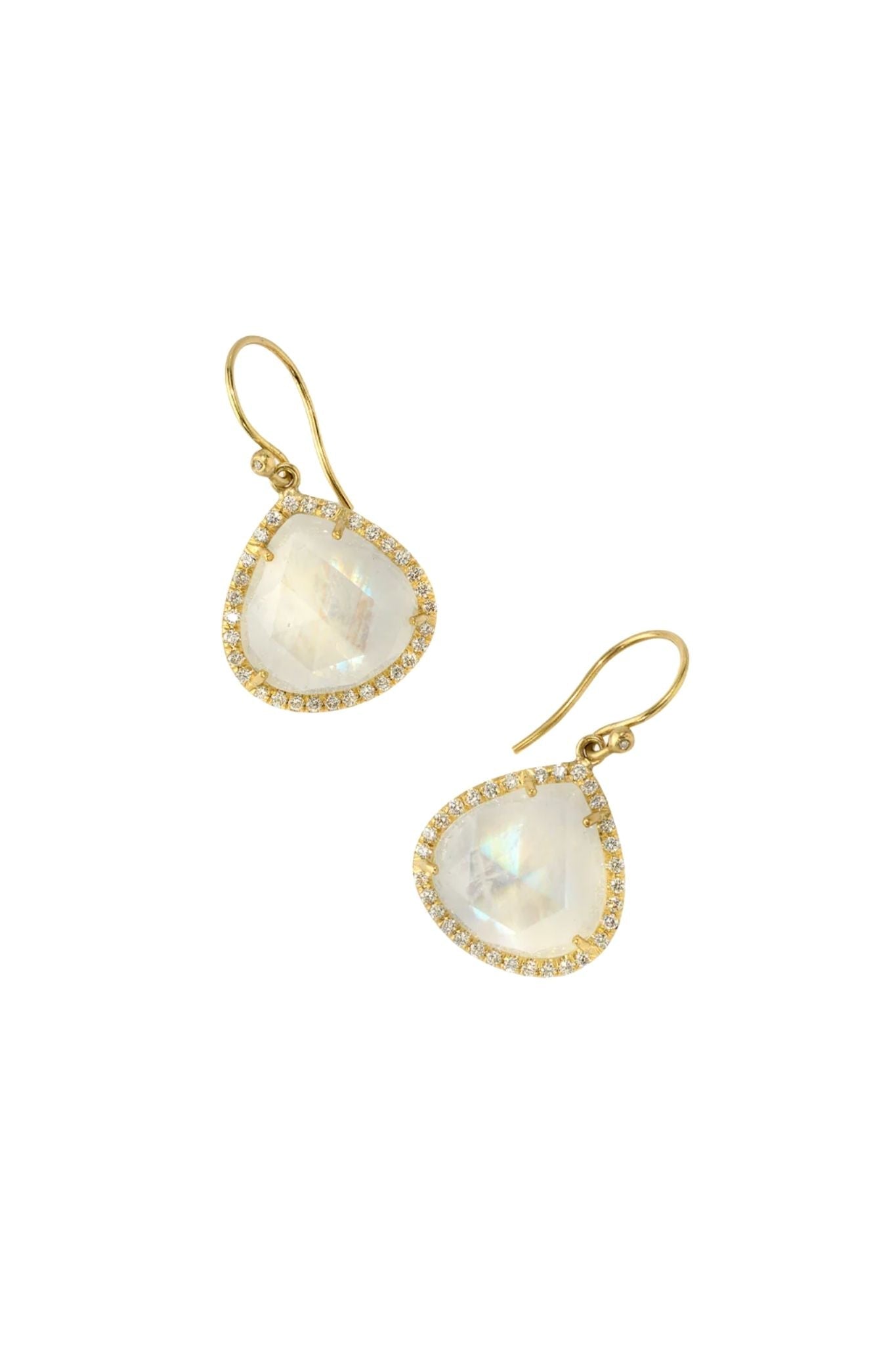 Irene Neuwirth Classic 18k Yellow Gold Earrings w/ Rainbow Moonstone & Diamone Pave - Vermillion