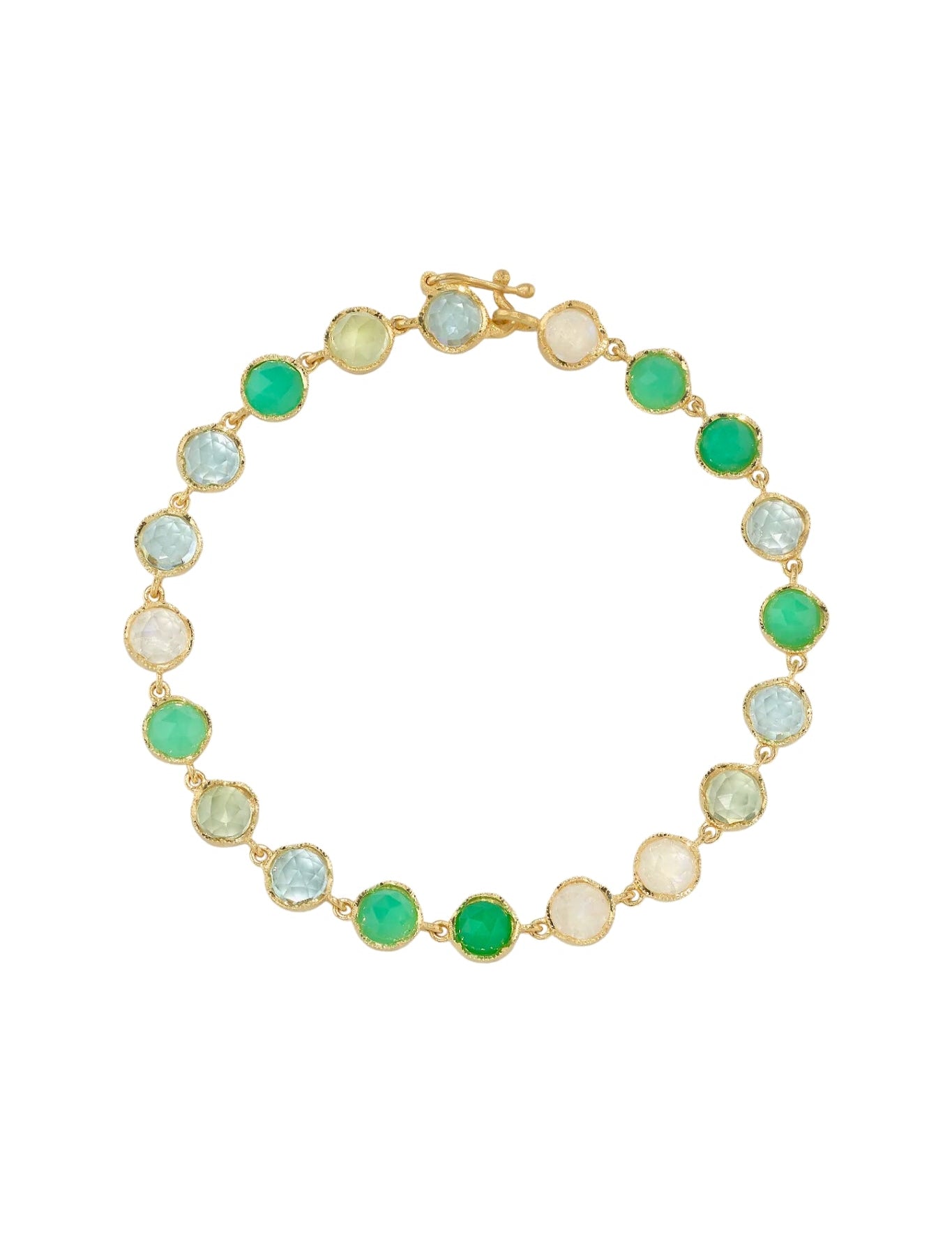 Irene Neuwirth Classic 7" Bracelet set with 5mm Rose Cut Chrysoprase, Prehnite, Aquamarine and Rainbow Moonstone - Vermillion