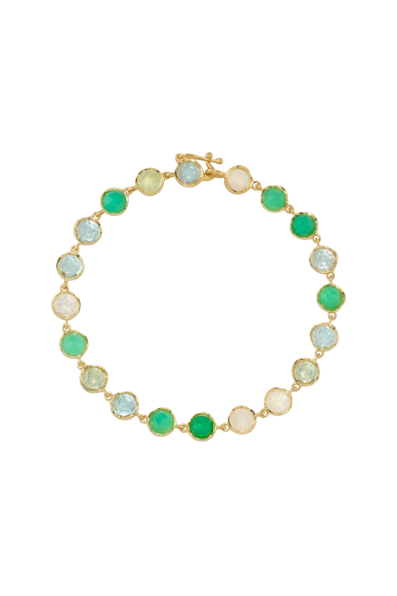 Irene Neuwirth Classic 7" Bracelet set with 5mm Rose Cut Chrysoprase, Prehnite, Aquamarine and Rainbow Moonstone - Vermillion