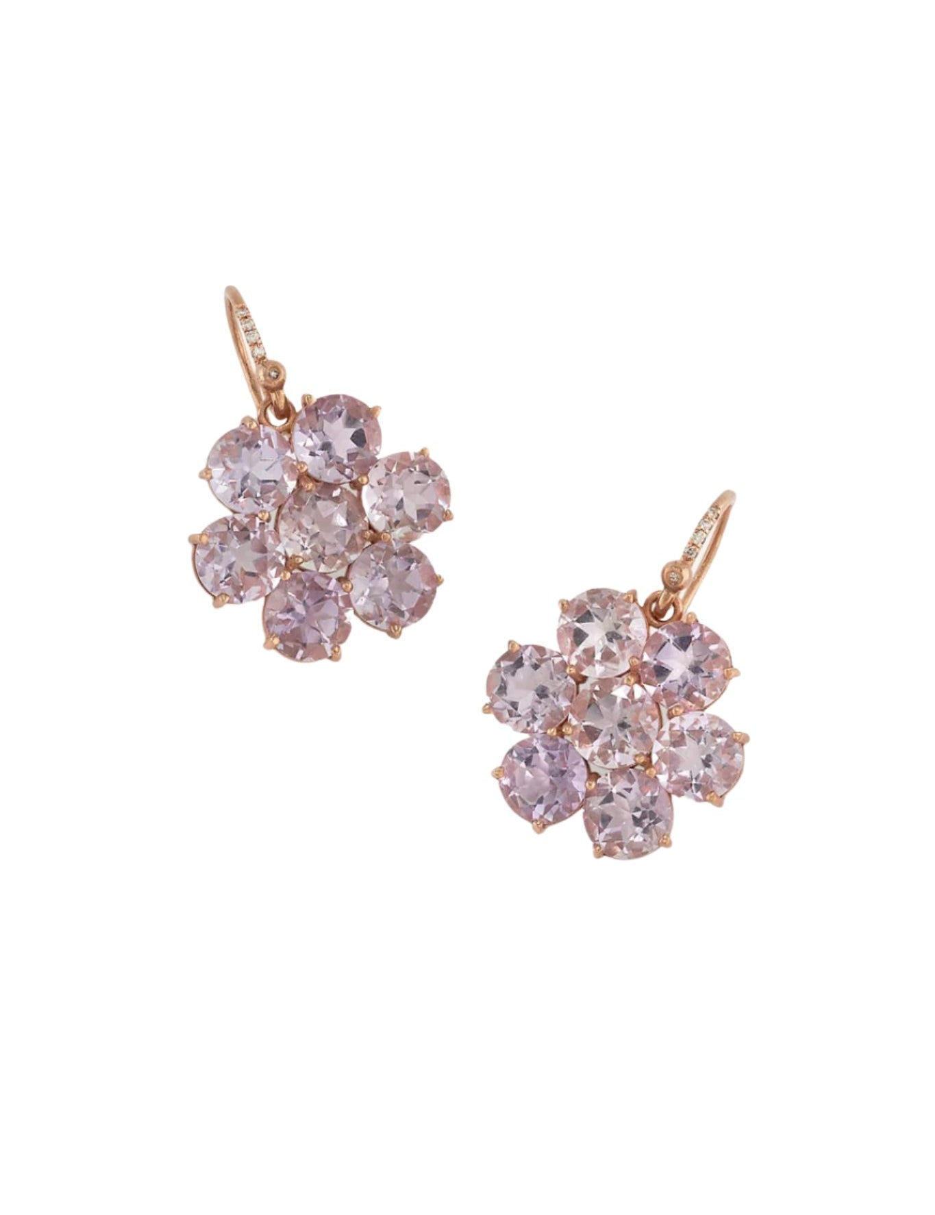 Irene Neuwirth Classic Floret 18k Rose Gold Earrings Set with 7mm Brilliant Cut Rose of France on Diamond Pave Hooks (.03 cts) - Vermillion