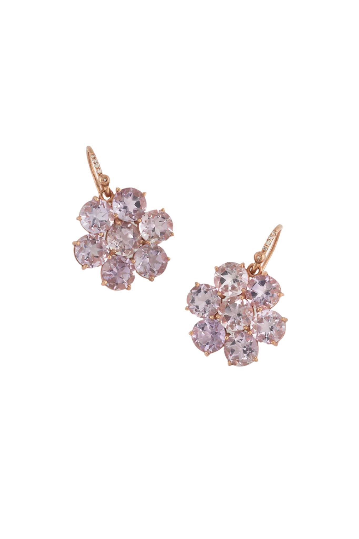 Irene Neuwirth Classic Floret 18k Rose Gold Earrings Set with 7mm Brilliant Cut Rose of France on Diamond Pave Hooks (.03 cts) - Vermillion