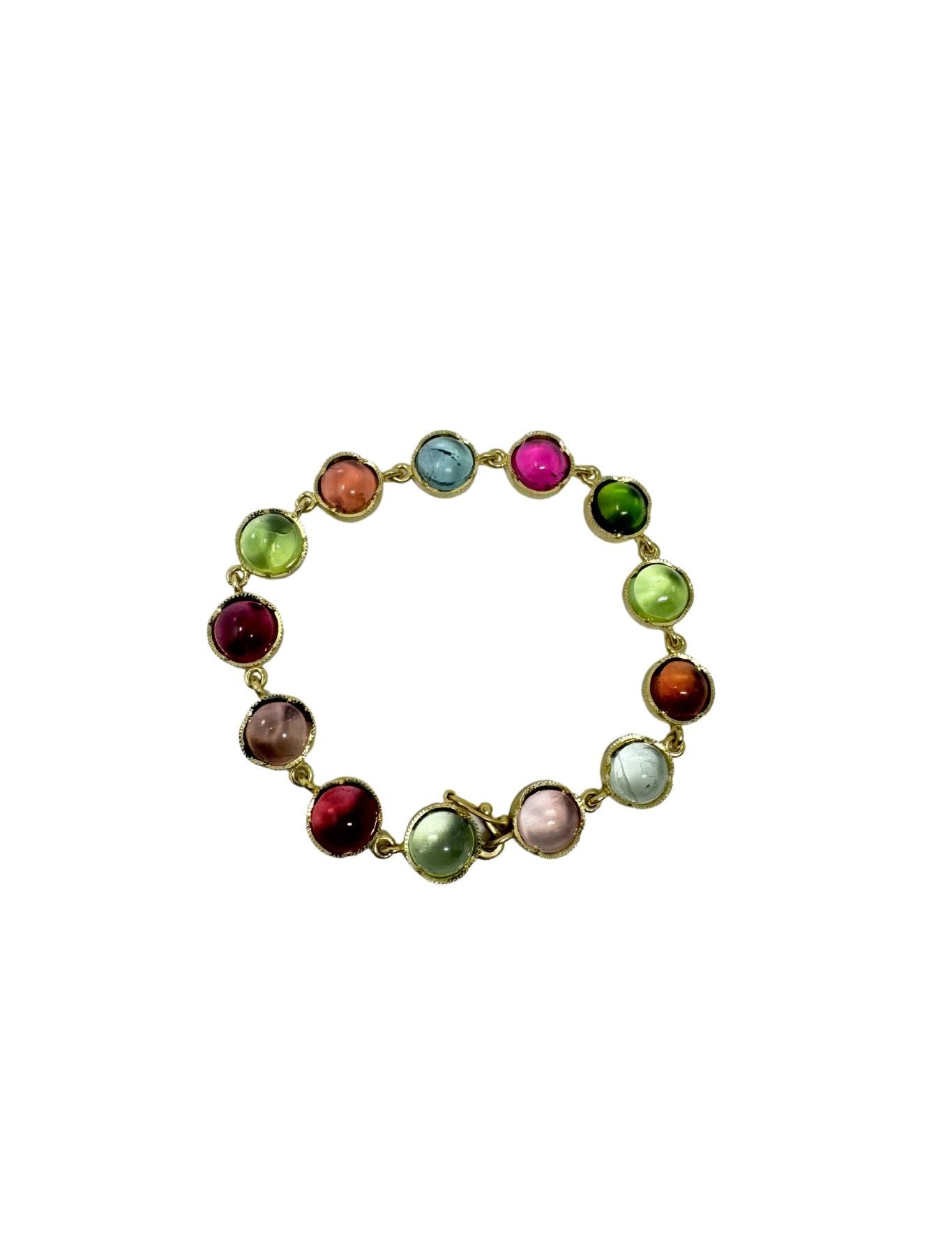 Irene Neuwirth Classic One of A Kind 18K Yellow Gold 7" Bracelet Crimped Bezel Set w/ 8mm Mixed Tourmaline Cabochons - Vermillion