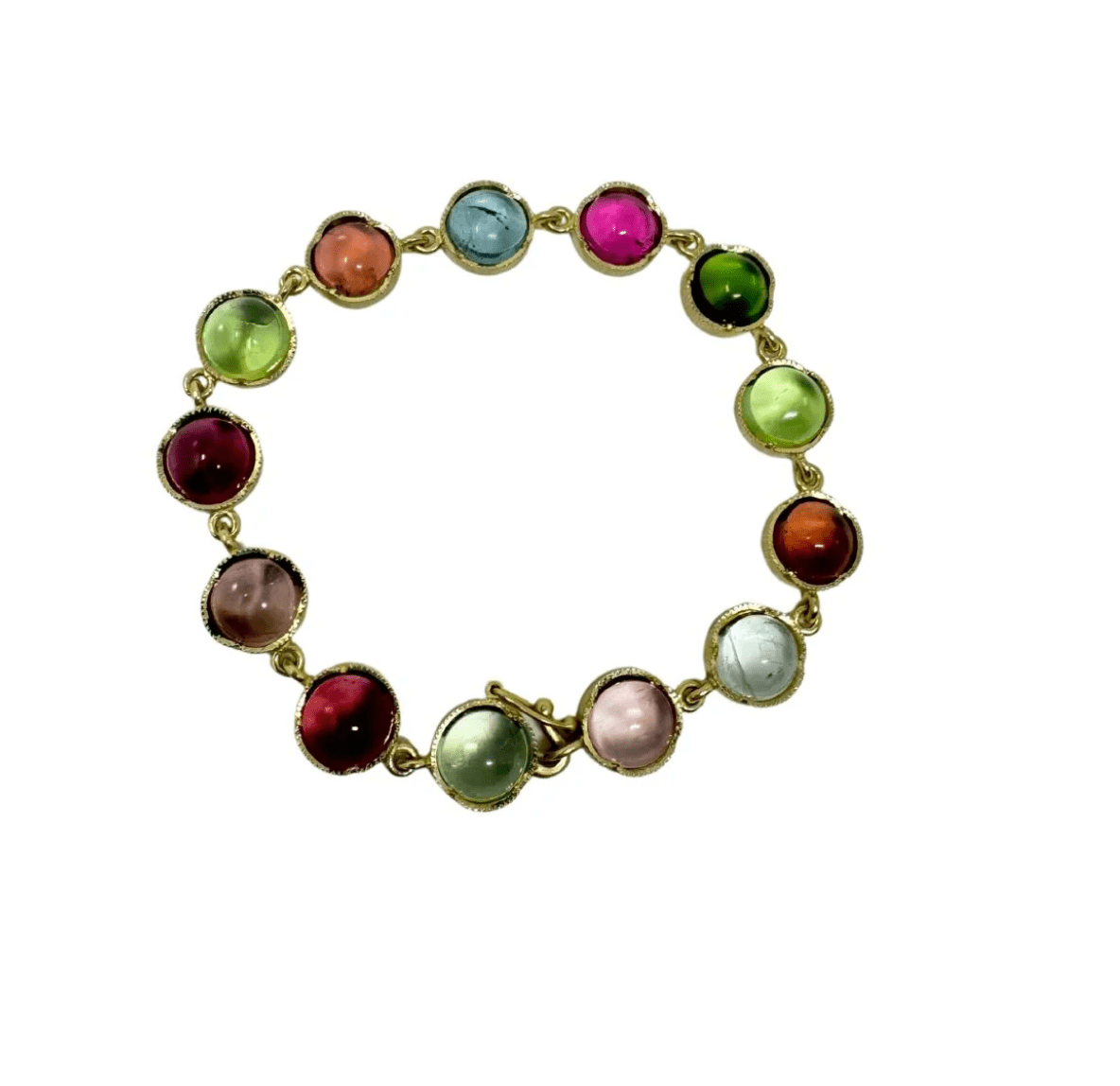 Irene Neuwirth Classic One of A Kind 18K Yellow Gold 7" Bracelet Crimped Bezel Set w/ 8mm Mixed Tourmaline Cabochons - Vermillion