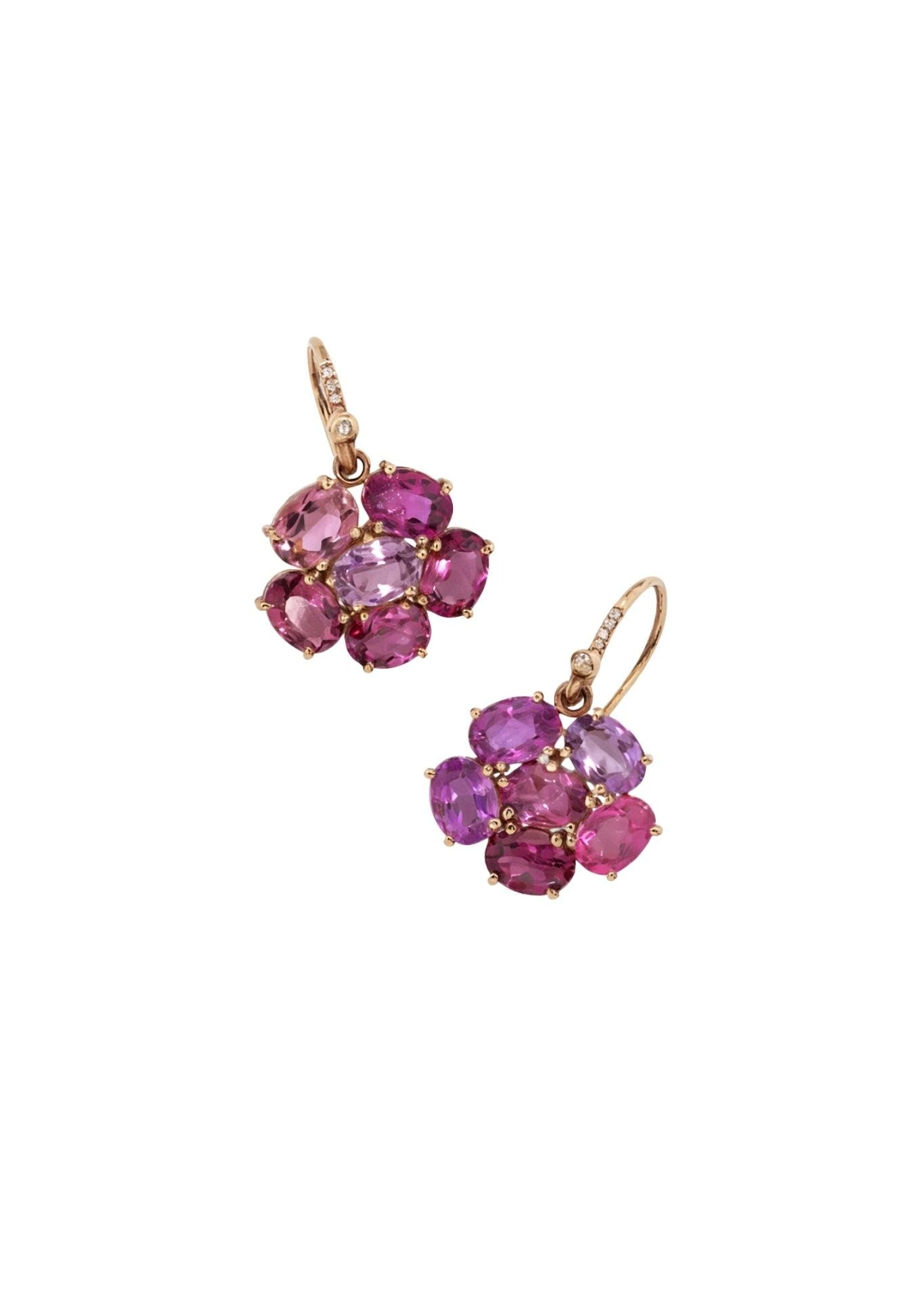 Irene Neuwirth Gemmy Gem Floret OOAK 18k Rose Gold Earrings set with Pink Tourmaline on Diamond Pave Hooks - Vermillion