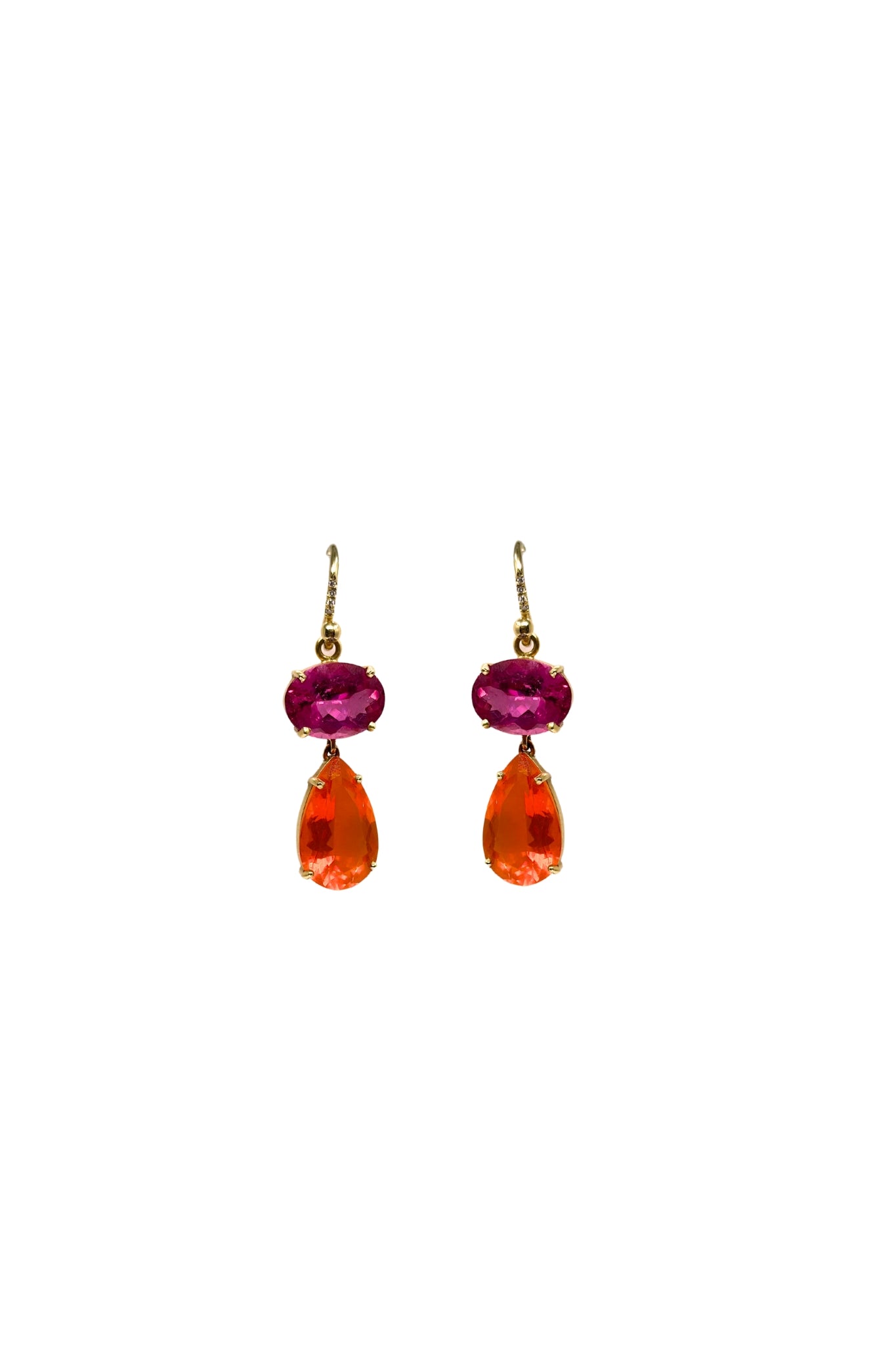 Irene Neuwirth Gemmy Gem One of a Kind 18k Yellow Gold Rubelite (7.99 cts) and Fire Opal (8.98 cts) on Diamond Pave Hooks (0.03cts) - Vermillion