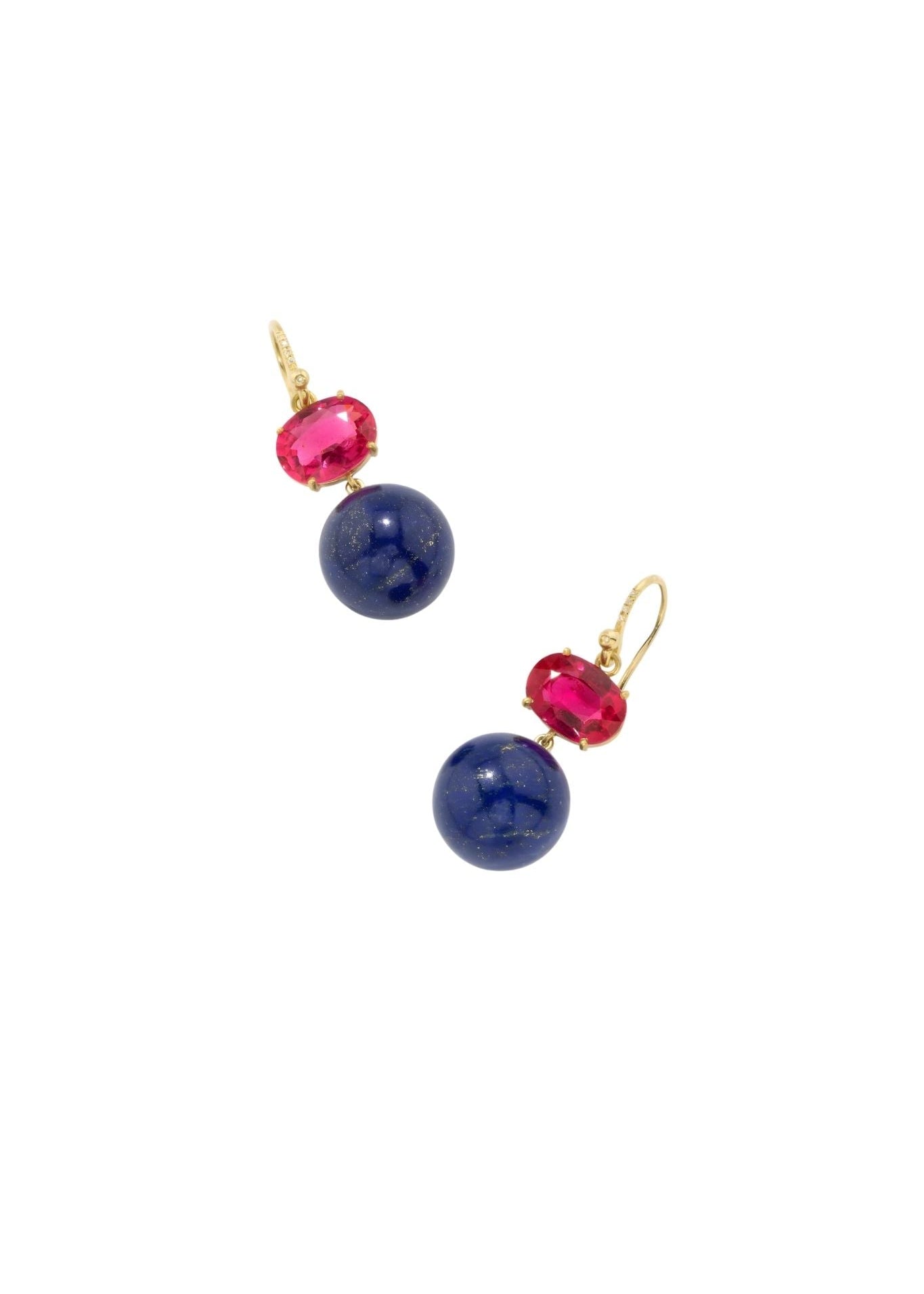 Irene Neuwirth Gumball OOAK 18k Yellow Gold Earrings set with Rubellite and Lapis Spheres on Diamond Pave Hooks - Vermillion