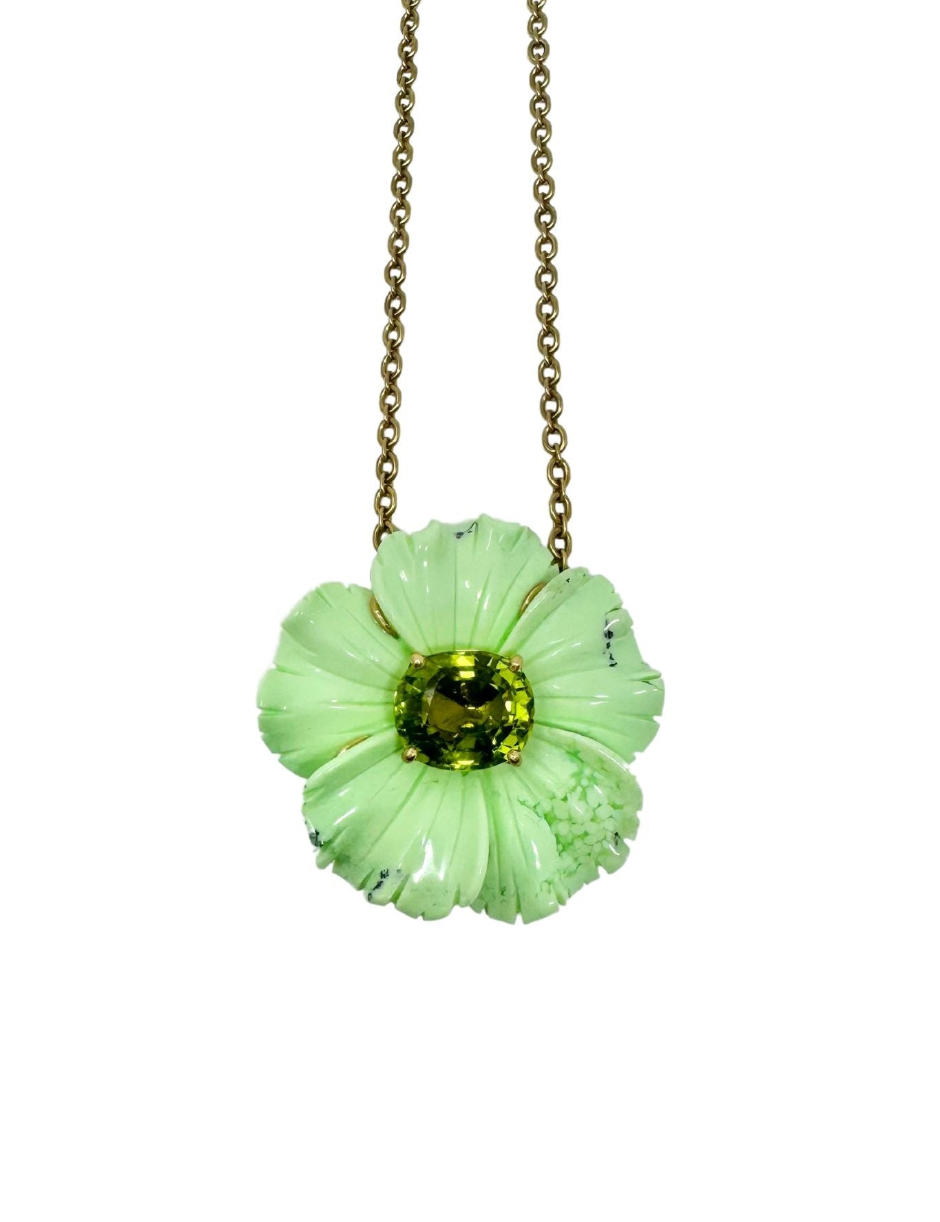 Irene Neuwirth Tropical Flower One of a Kind 18k Yellow Gold 16" Necklace set with Carved Lemon Magnesite Flower (61.96 cts) and Green Tourmaline Center Stone - Vermillion