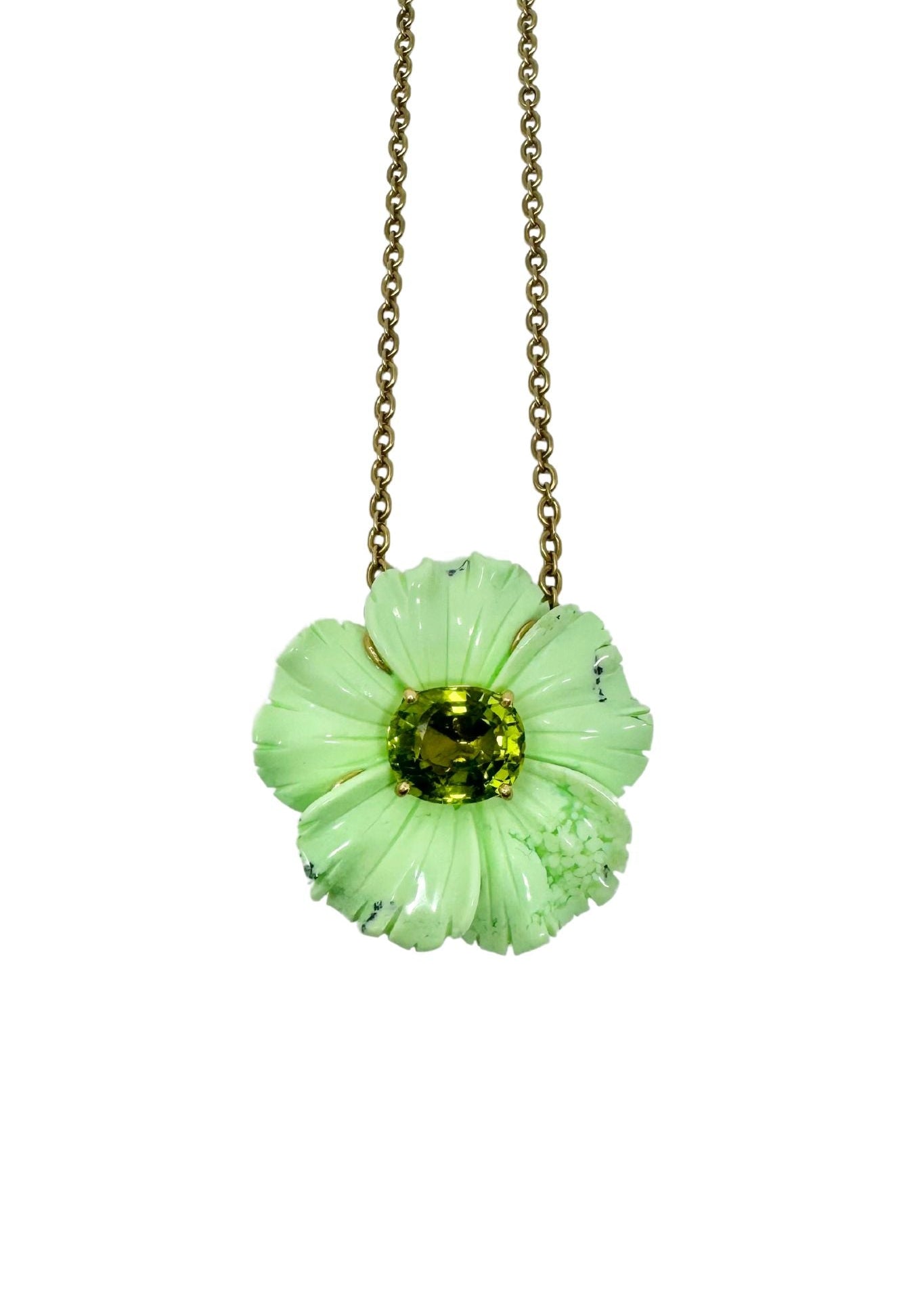 Irene Neuwirth Tropical Flower One of a Kind 18k Yellow Gold 16" Necklace set with Carved Lemon Magnesite Flower (61.96 cts) and Green Tourmaline Center Stone - Vermillion