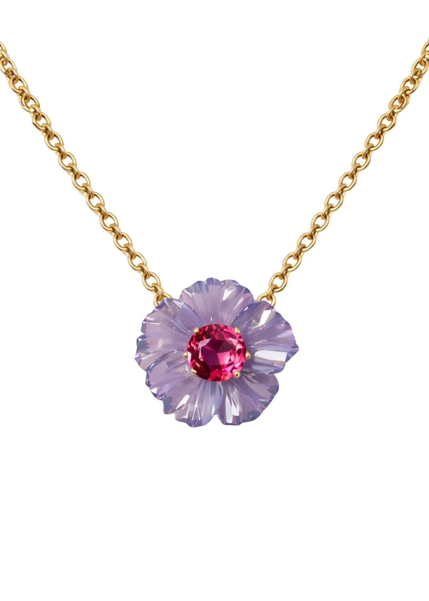 Irene Neuwirth Tropical Flower OOAK 18k Yellow Gold 16 Necklace with Chalcedony Flower and Rubellite Center Stone - Vermillion