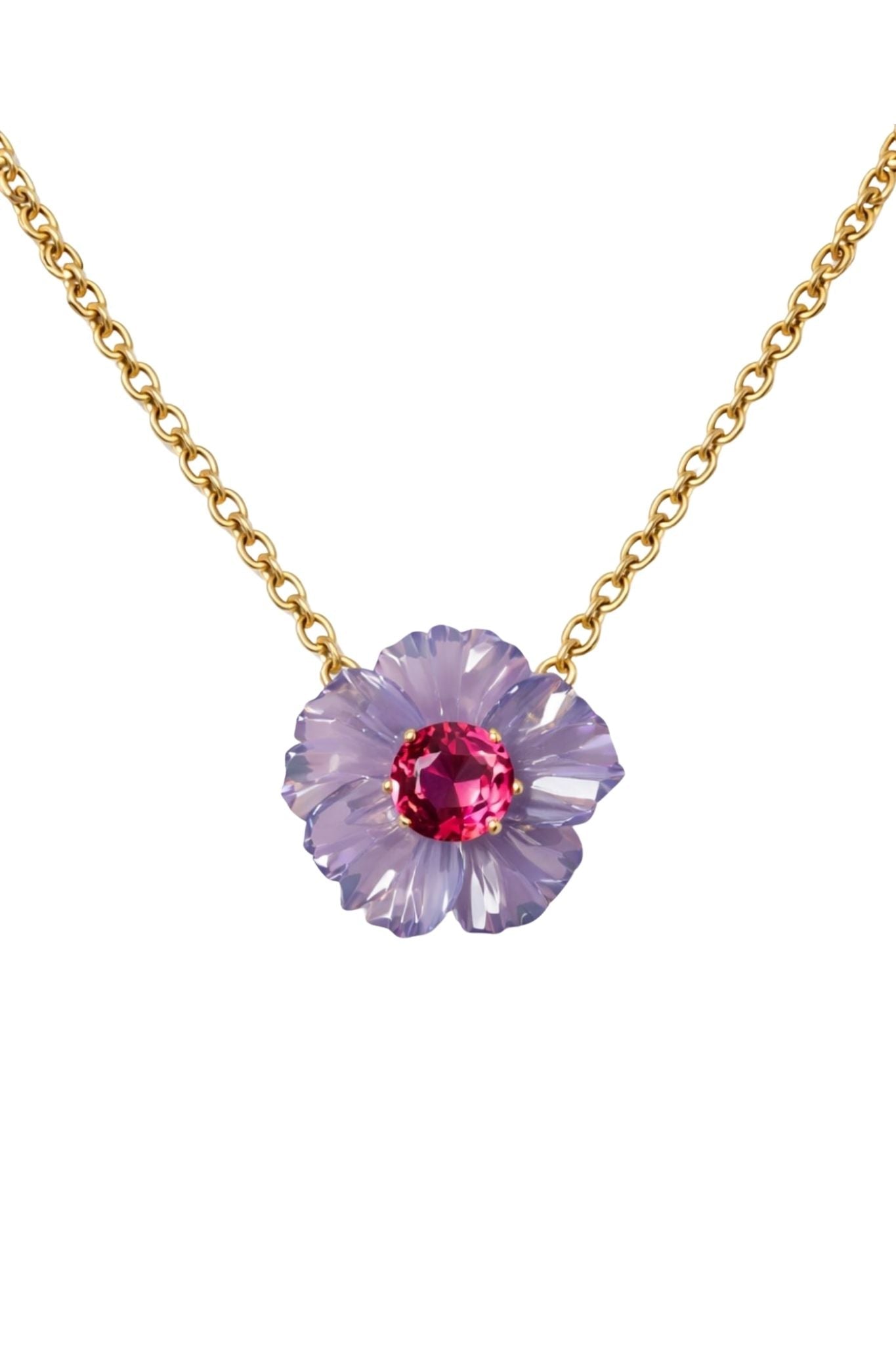 Irene Neuwirth Tropical Flower OOAK 18k Yellow Gold 16 Necklace with Chalcedony Flower and Rubellite Center Stone - Vermillion