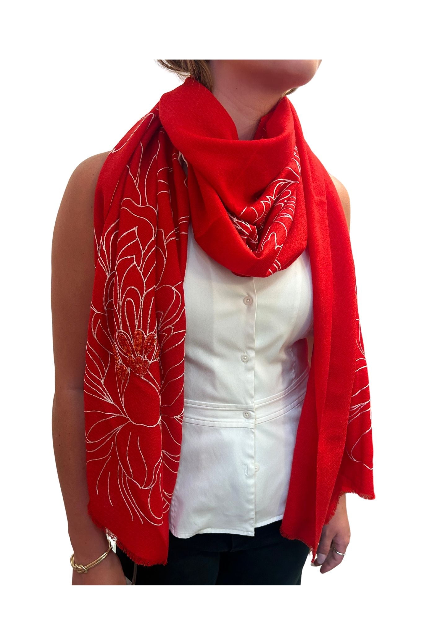 Janavi Dahlia Line Art Scarf - Vermillion